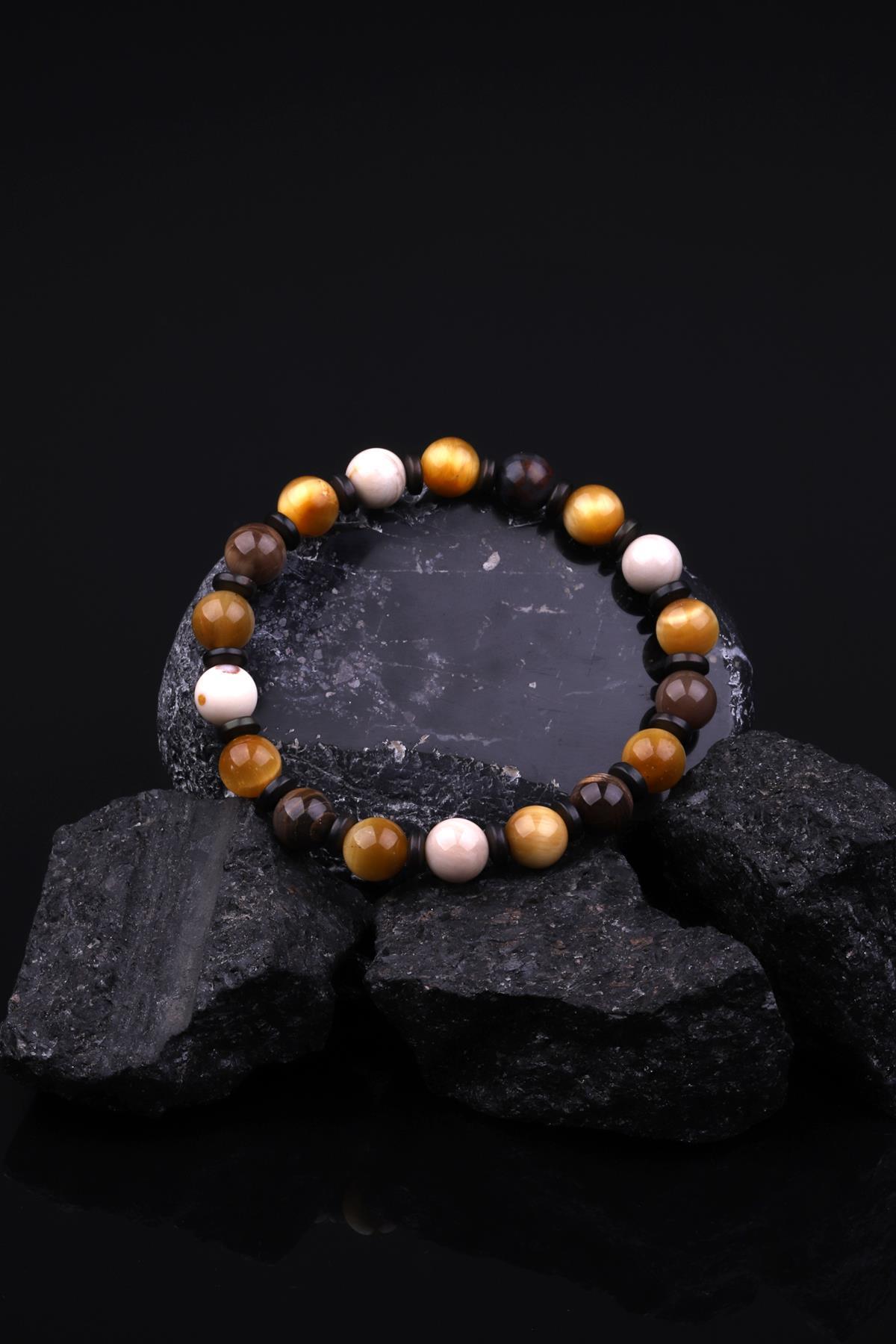 Kaplan Gözü - Ağaç Fosil - Hematit Doğal Taş Tasarım Bileklik 