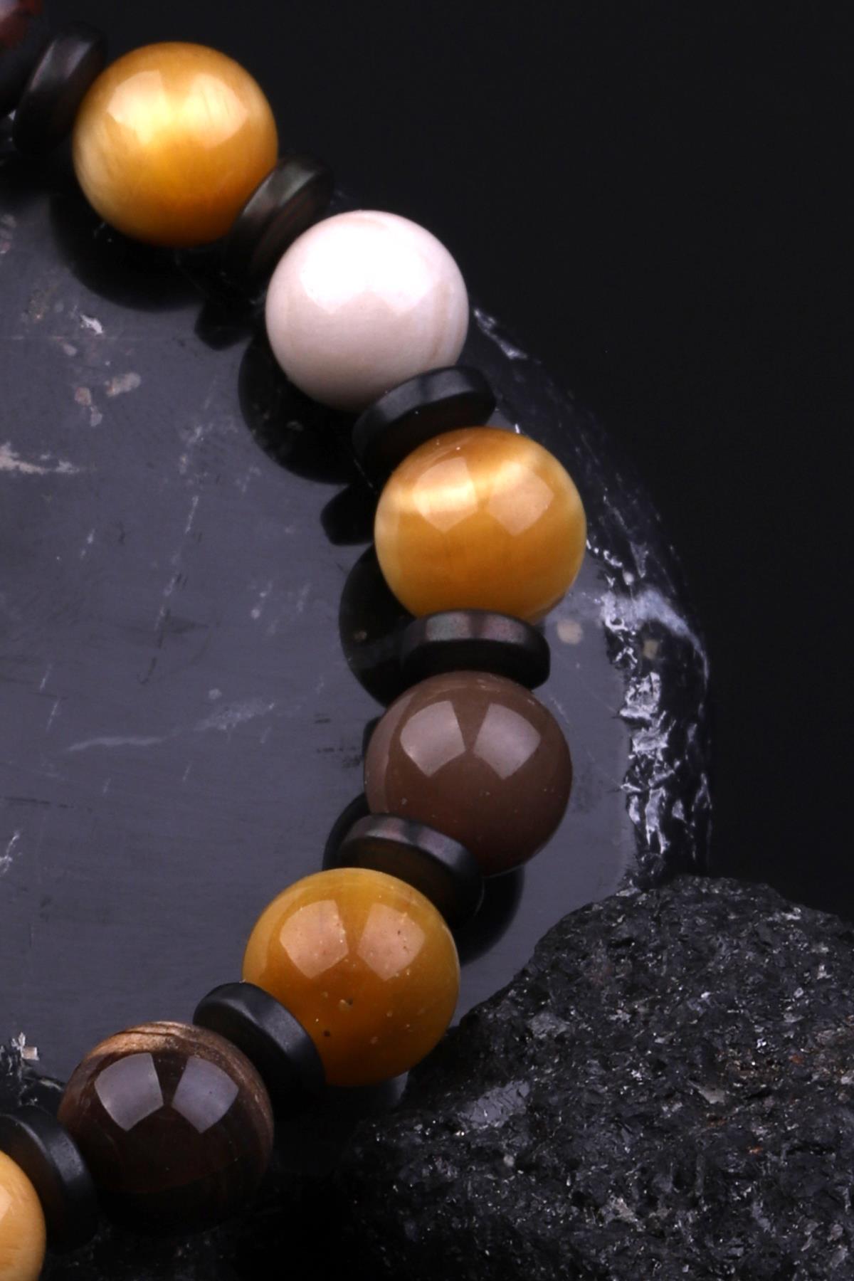 Kaplan Gözü - Ağaç Fosil - Hematit Doğal Taş Tasarım Bileklik 