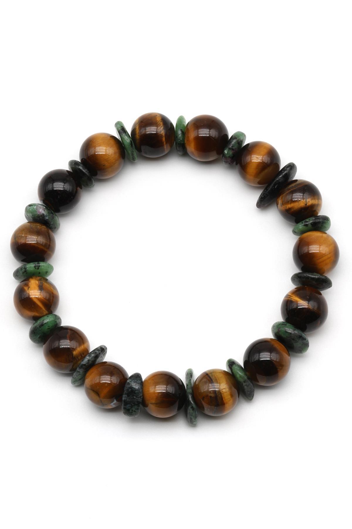 Kaplan Gözü-Anyolit Doğal Taş Tasarım Bileklik 10 mm Küre Kesim