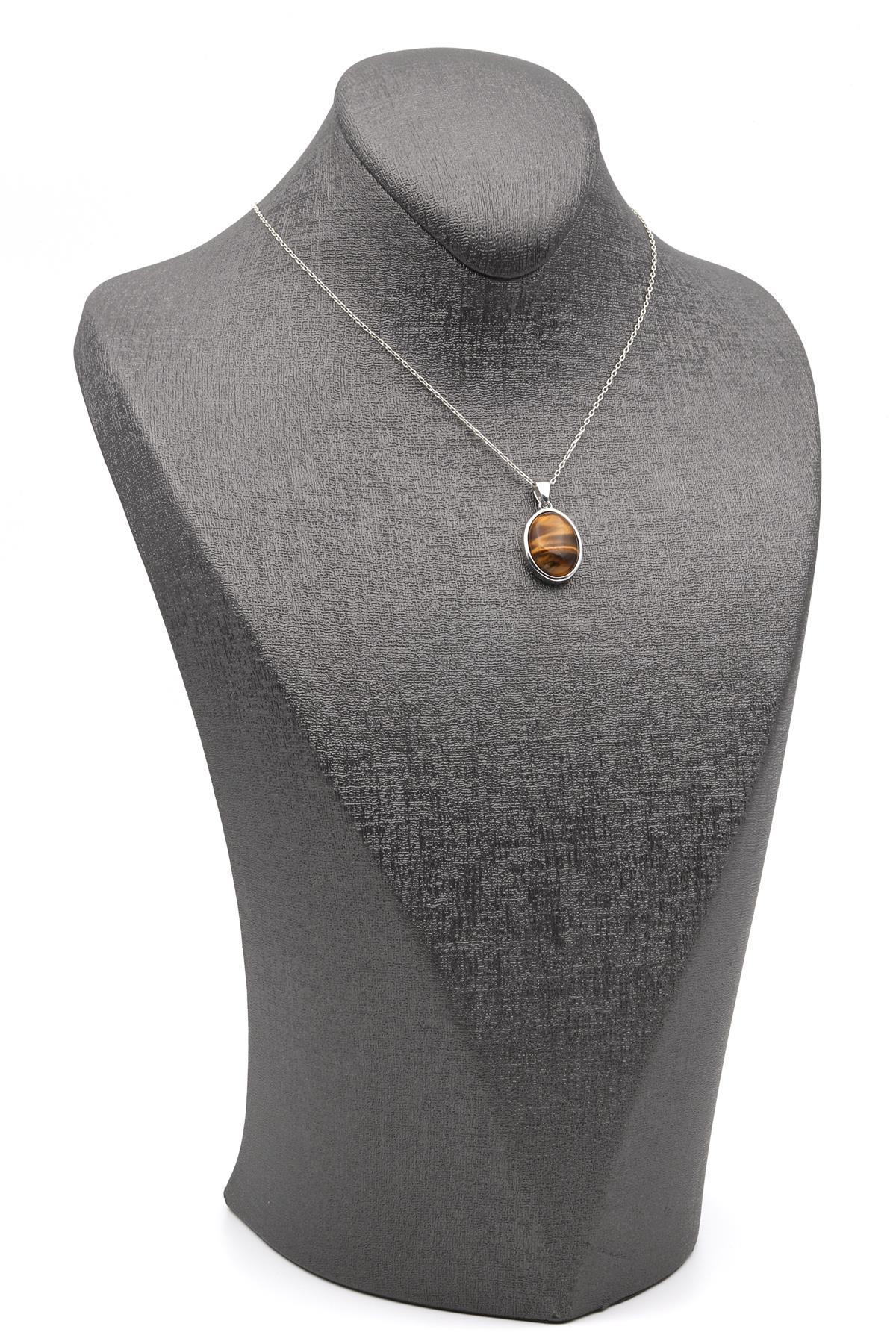 Kaplan Gözü Doğal Taş 925 Ayar Gümüş Kolye