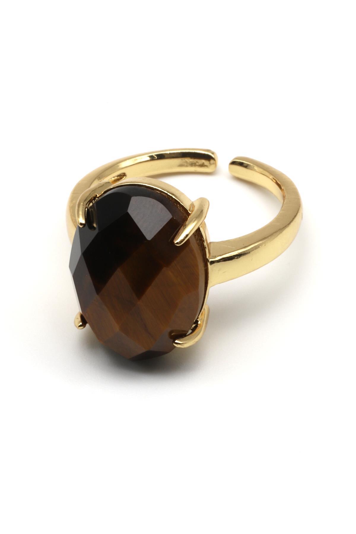 Kaplan Gözü Doğal Taş Ayarlanabilir Gold Renk Yüzük