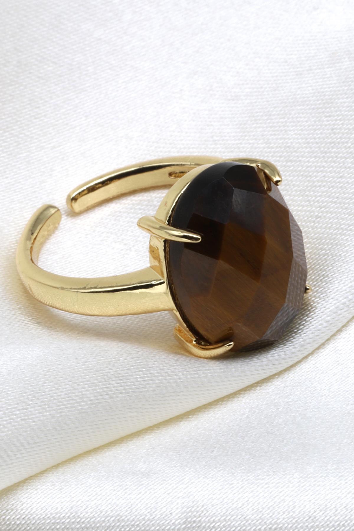 Kaplan Gözü Doğal Taş Ayarlanabilir Gold Renk Yüzük