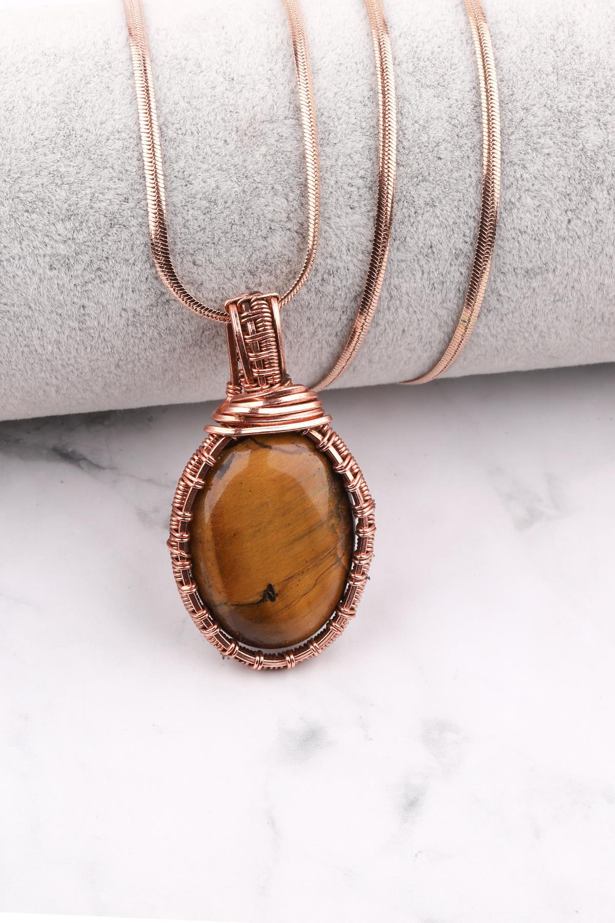 Kaplan Gözü Doğal Taş Bakır Sarmalı Özel Tasarım Kolye