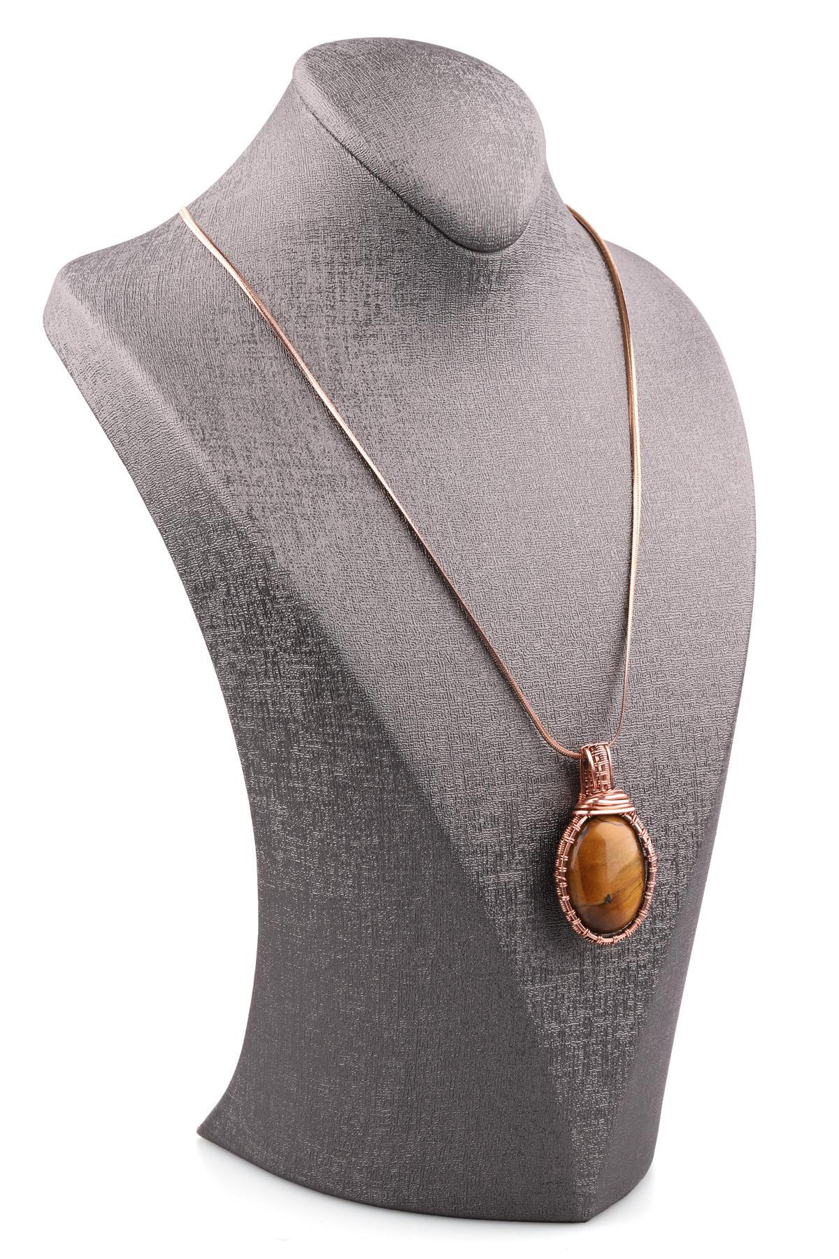 Kaplan Gözü Doğal Taş Bakır Sarmalı Özel Tasarım Kolye