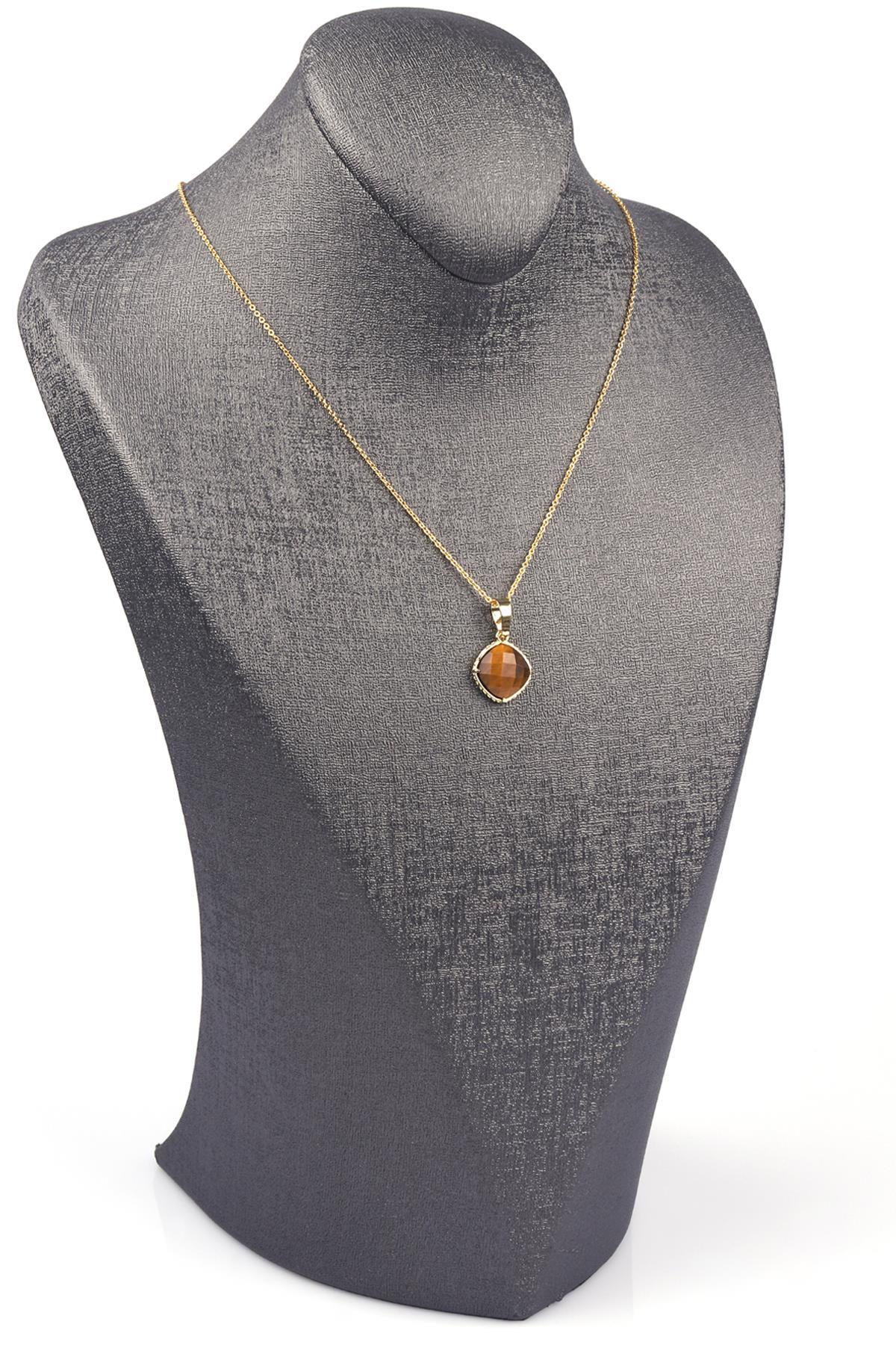 Kaplan Gözü Doğal Taş Gold Renkli Kolye