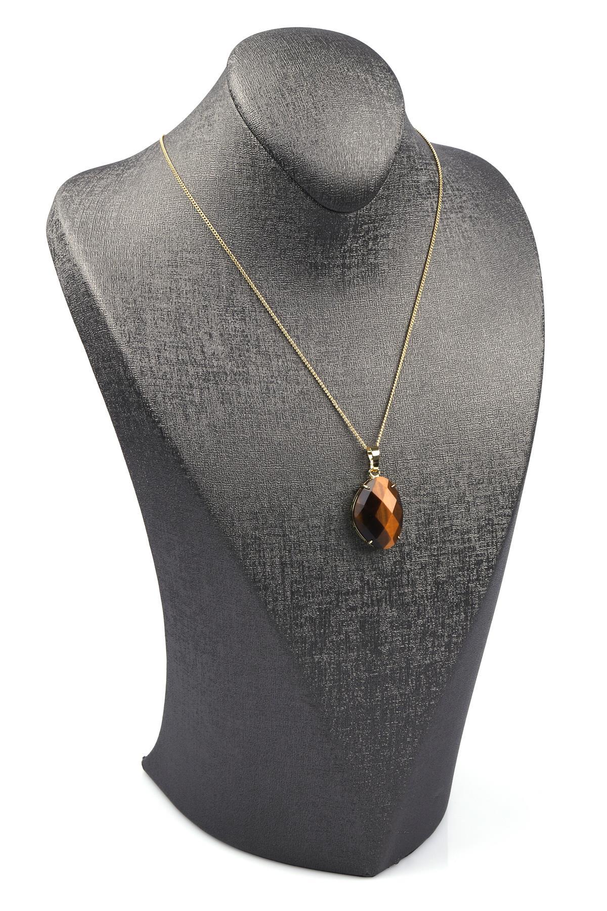 Kaplan Gözü Doğal Taş Gold Renkli Kolye