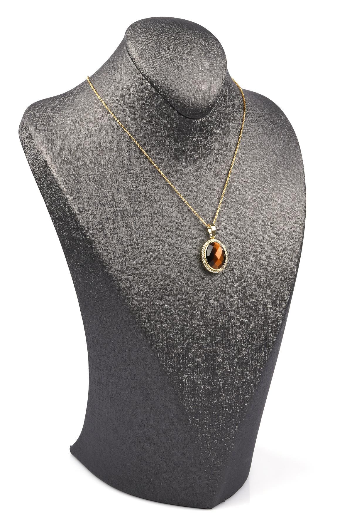 Kaplan Gözü Doğal Taş Gold Renkli Kolye