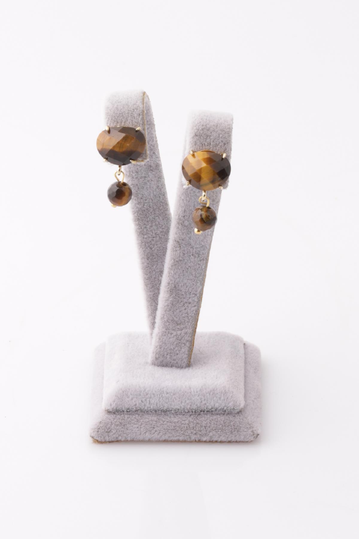 Kaplan Gözü Doğal Taş Gold Renkli Küpe