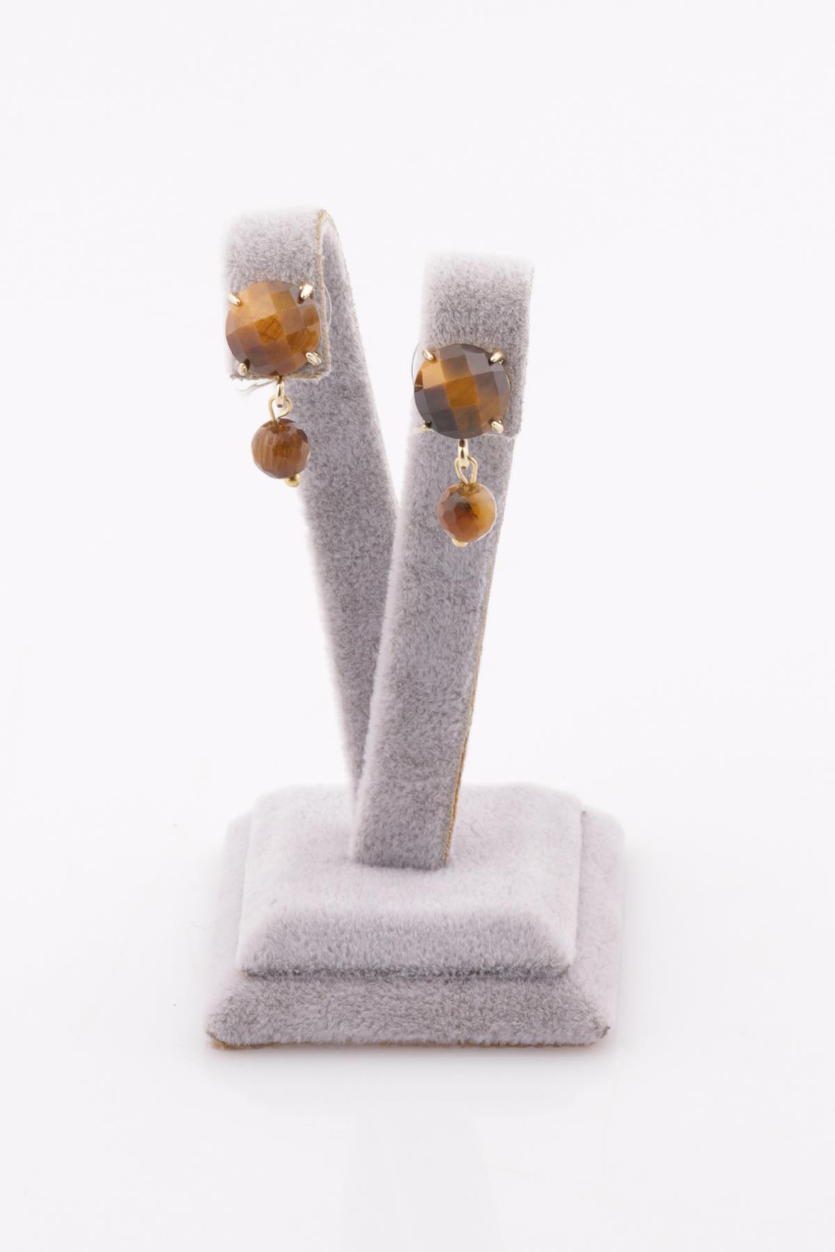 Kaplan Gözü Doğal Taş Gold Renkli Küpe