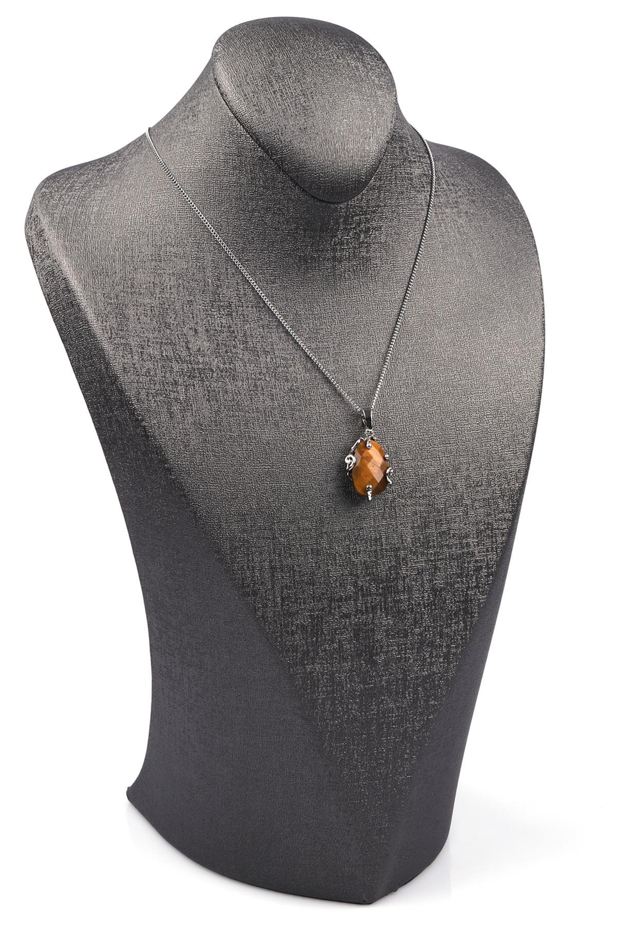 Kaplan Gözü Doğal Taş Gümüş Renkli Kolye