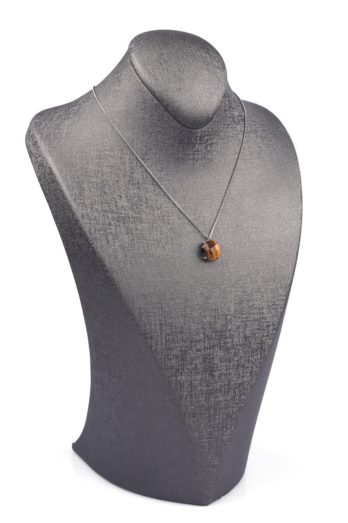 Kaplan Gözü Doğal Taş Gümüş Renkli Kolye