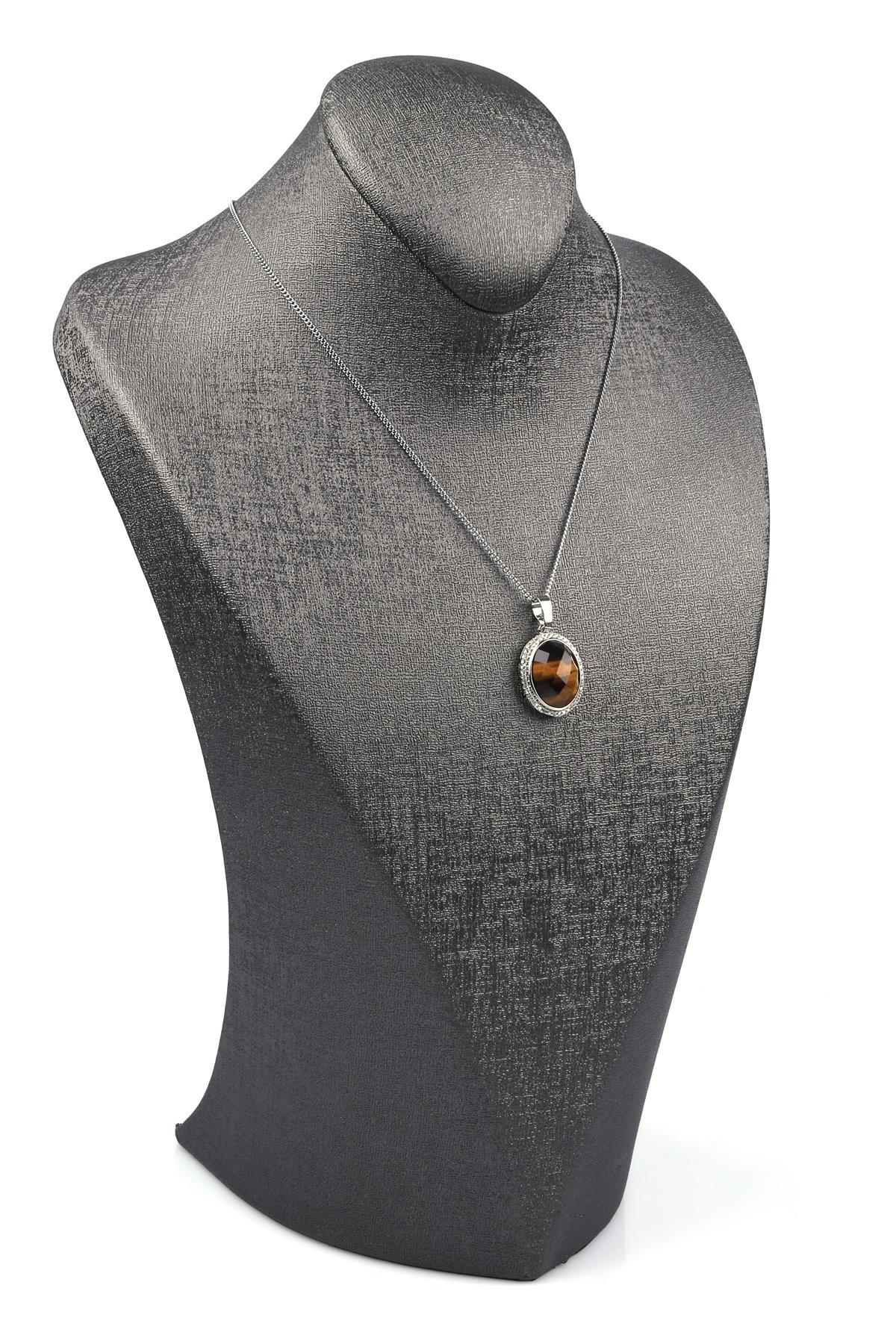 Kaplan Gözü Doğal Taş Gümüş Renkli Kolye