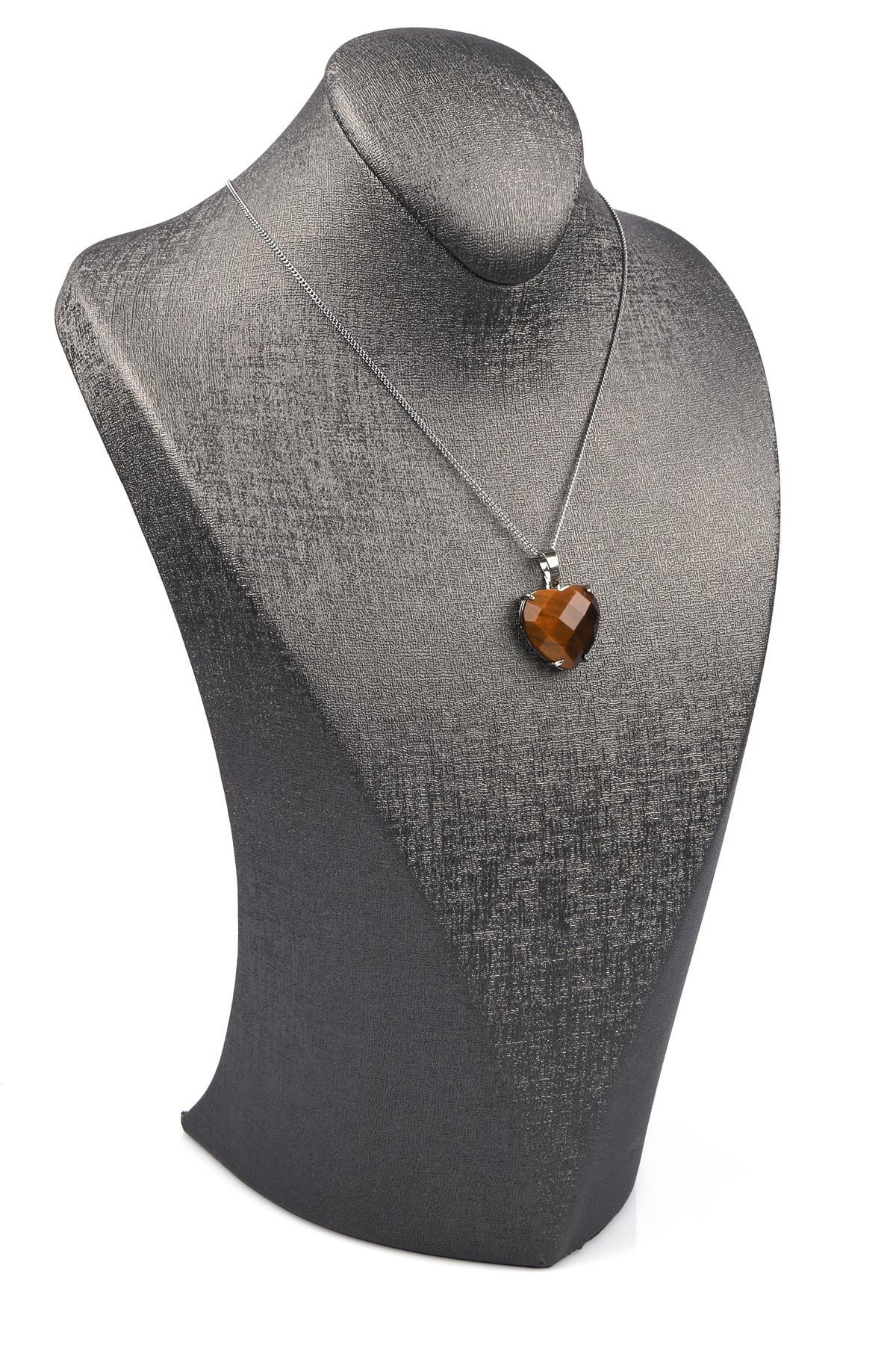 Kaplan Gözü Doğal Taş Gümüş Renkli Kolye