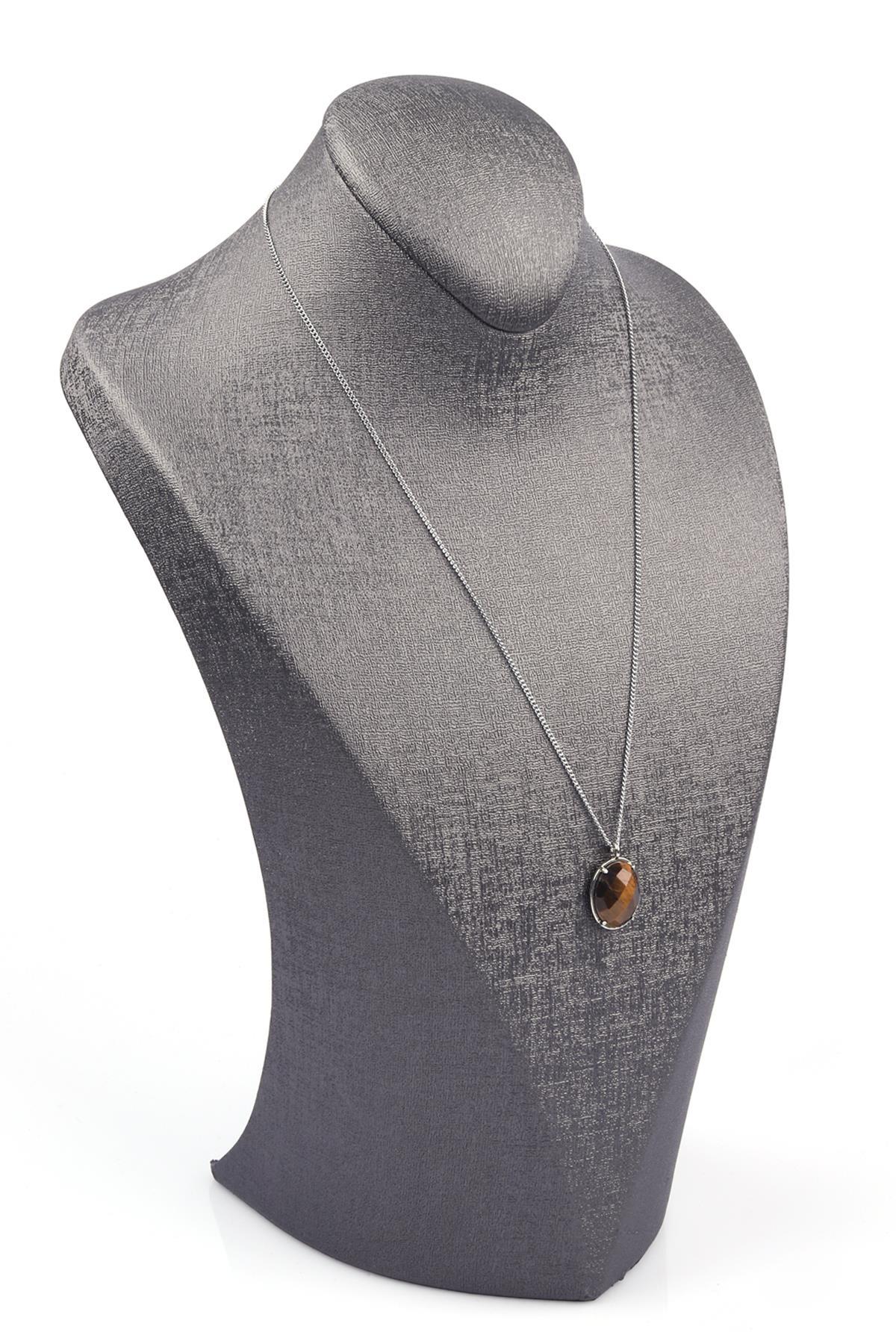 Kaplan Gözü Doğal Taş Gümüş Renkli Kolye