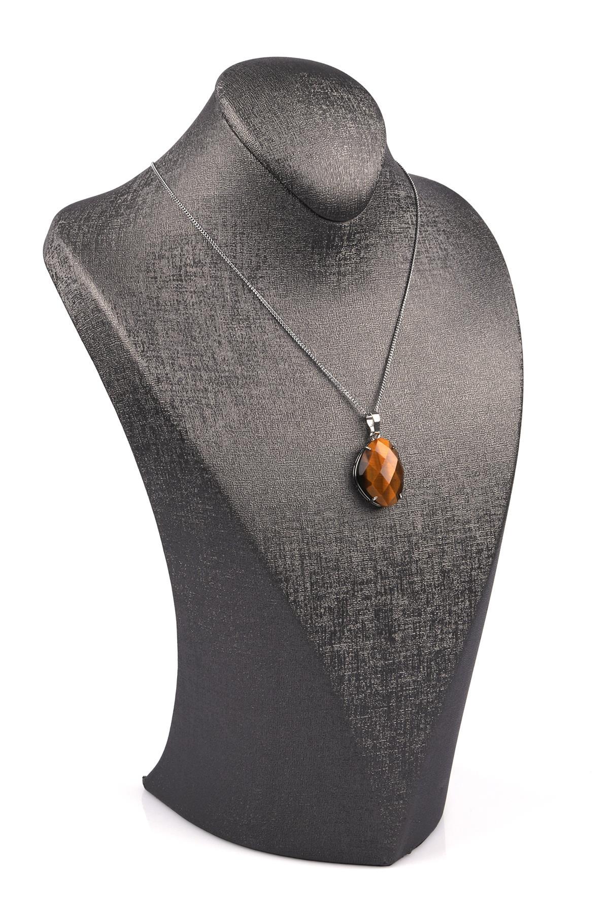 Kaplan Gözü Doğal Taş Gümüş Renkli Kolye