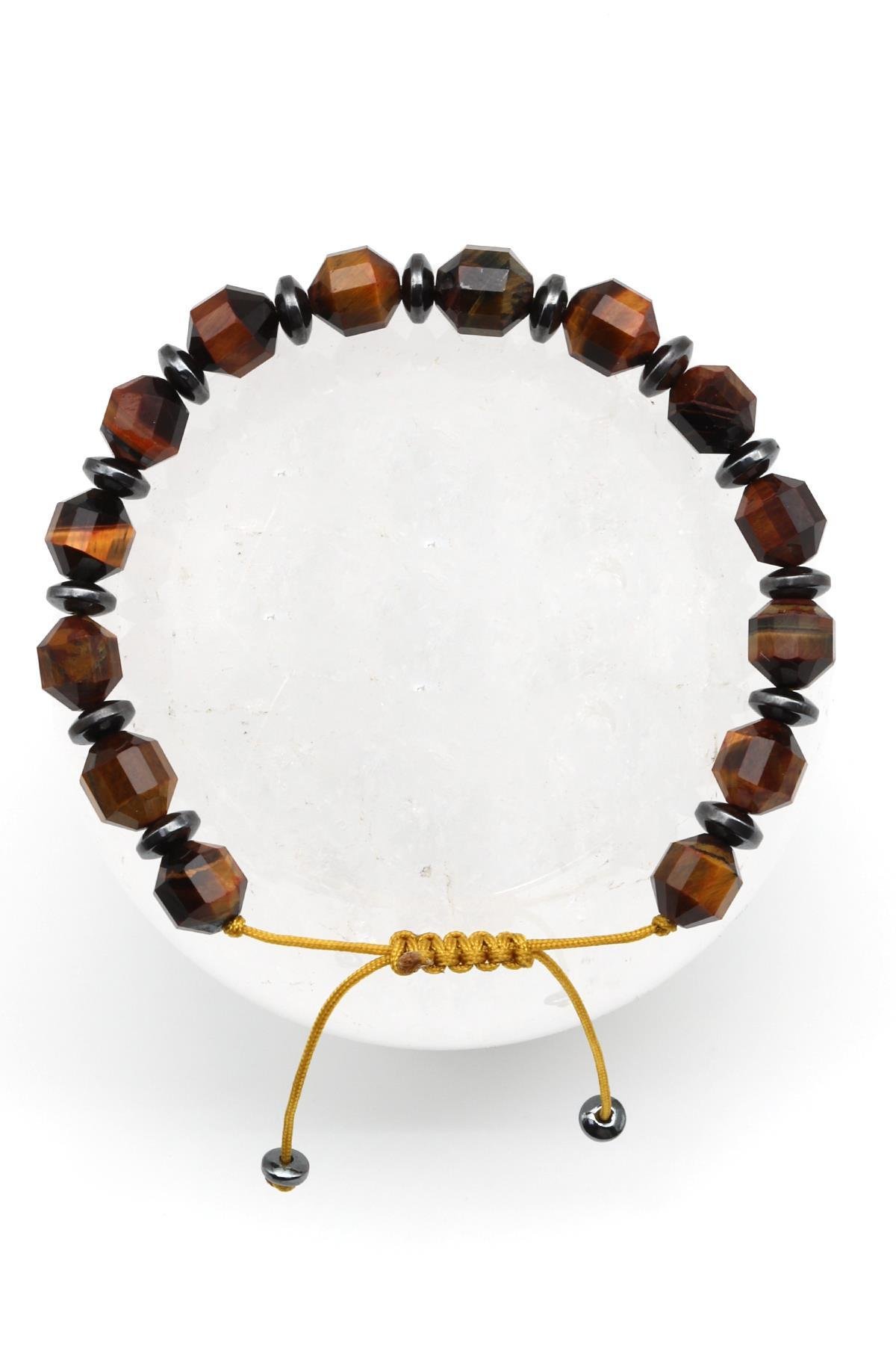 Kaplan Gözü Doğal Taş Makrome Örme Bileklik Hexagonal Kesim