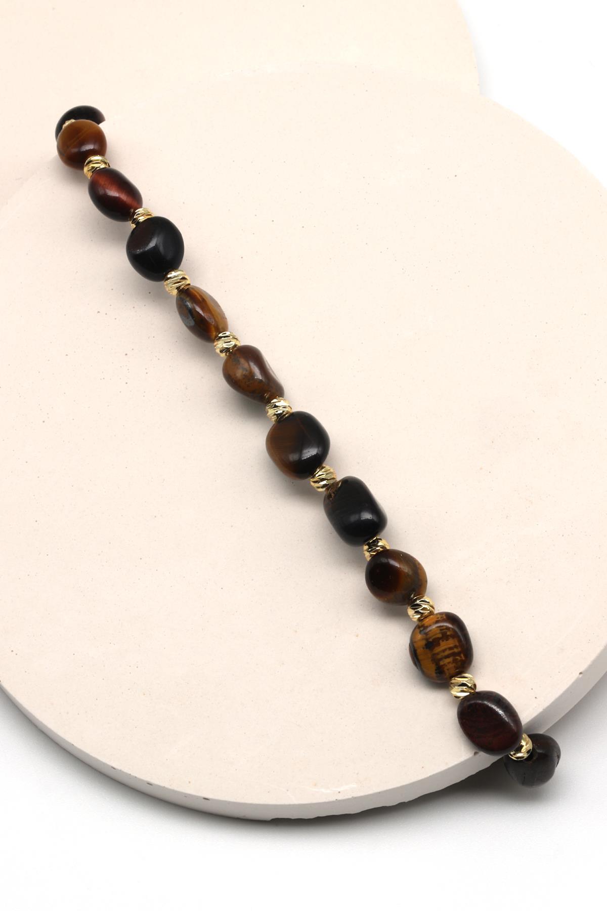 Kaplan Gözü Doğal Taş Makrome Örme Bileklik Mercimek Kesim