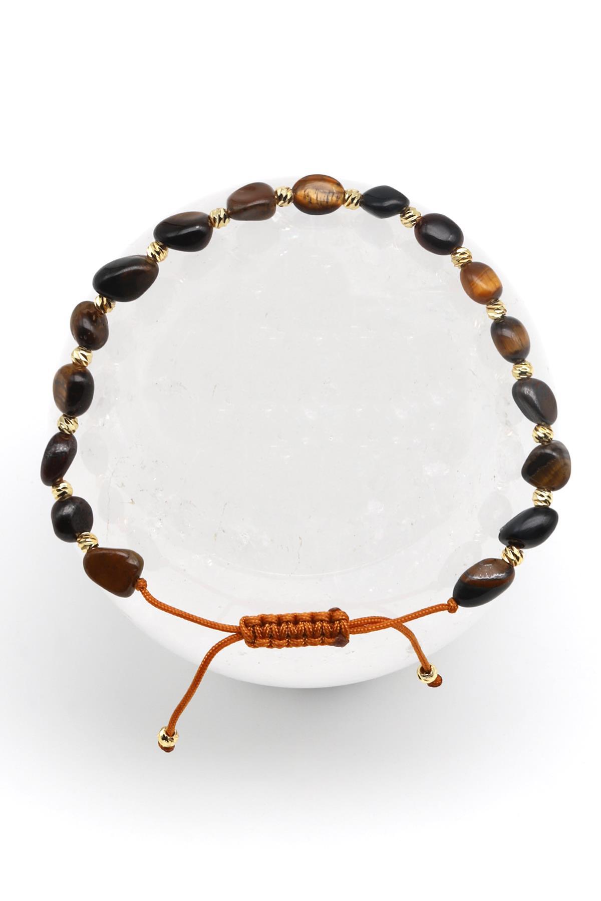 Kaplan Gözü Doğal Taş Makrome Örme Bileklik Mercimek Kesim