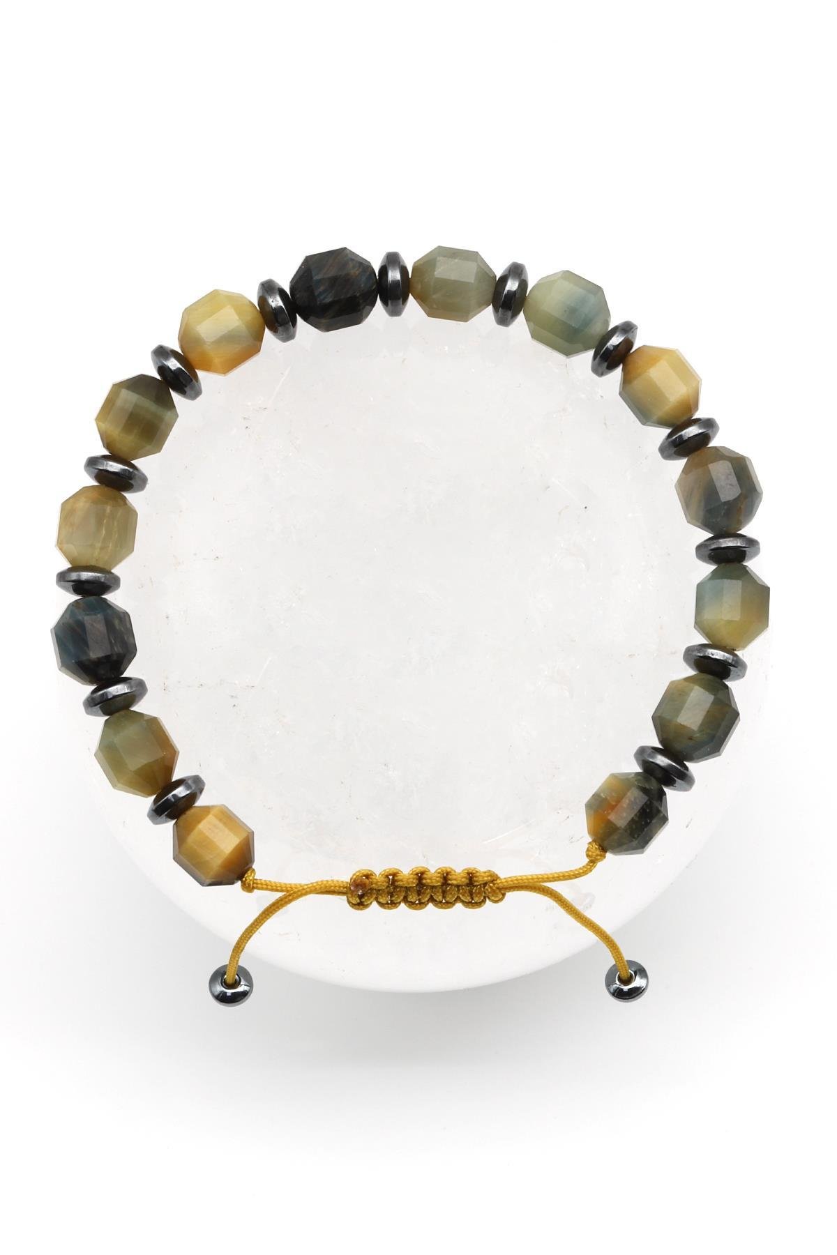 Kaplan Gözü Doğal Taş Makrome Örme Bileklik Hexagonal Kesim