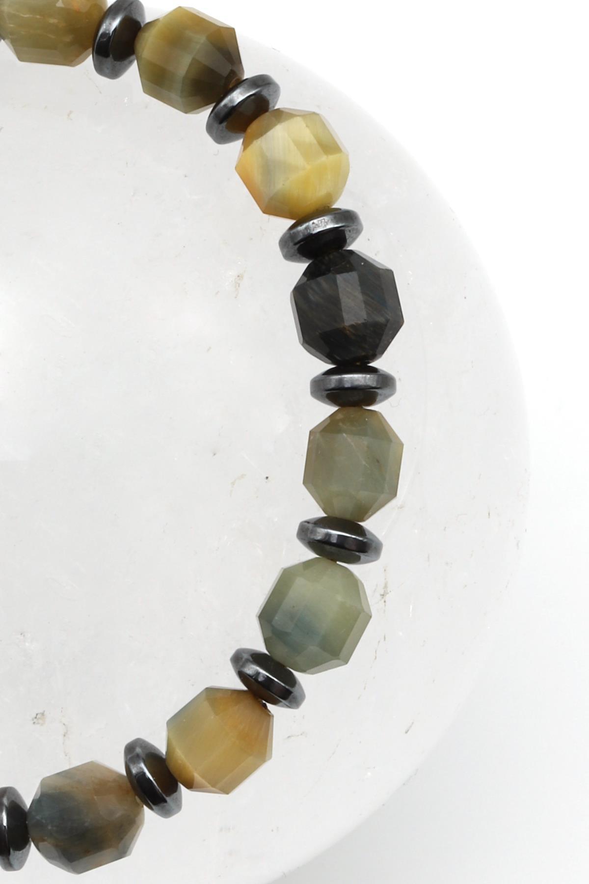 Kaplan Gözü Doğal Taş Makrome Örme Bileklik Hexagonal Kesim