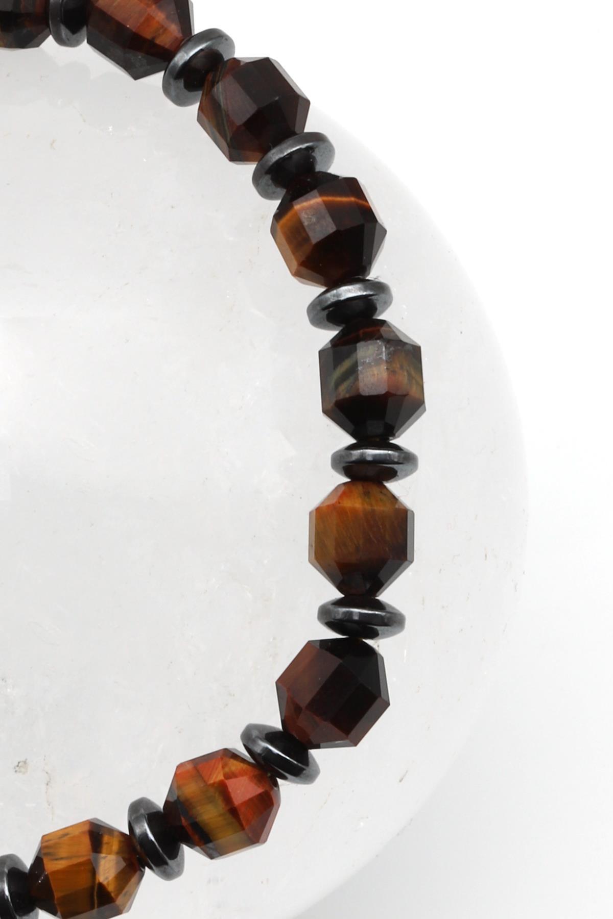 Kaplan Gözü Doğal Taş Makrome Örme Bileklik Hexagonal Kesim