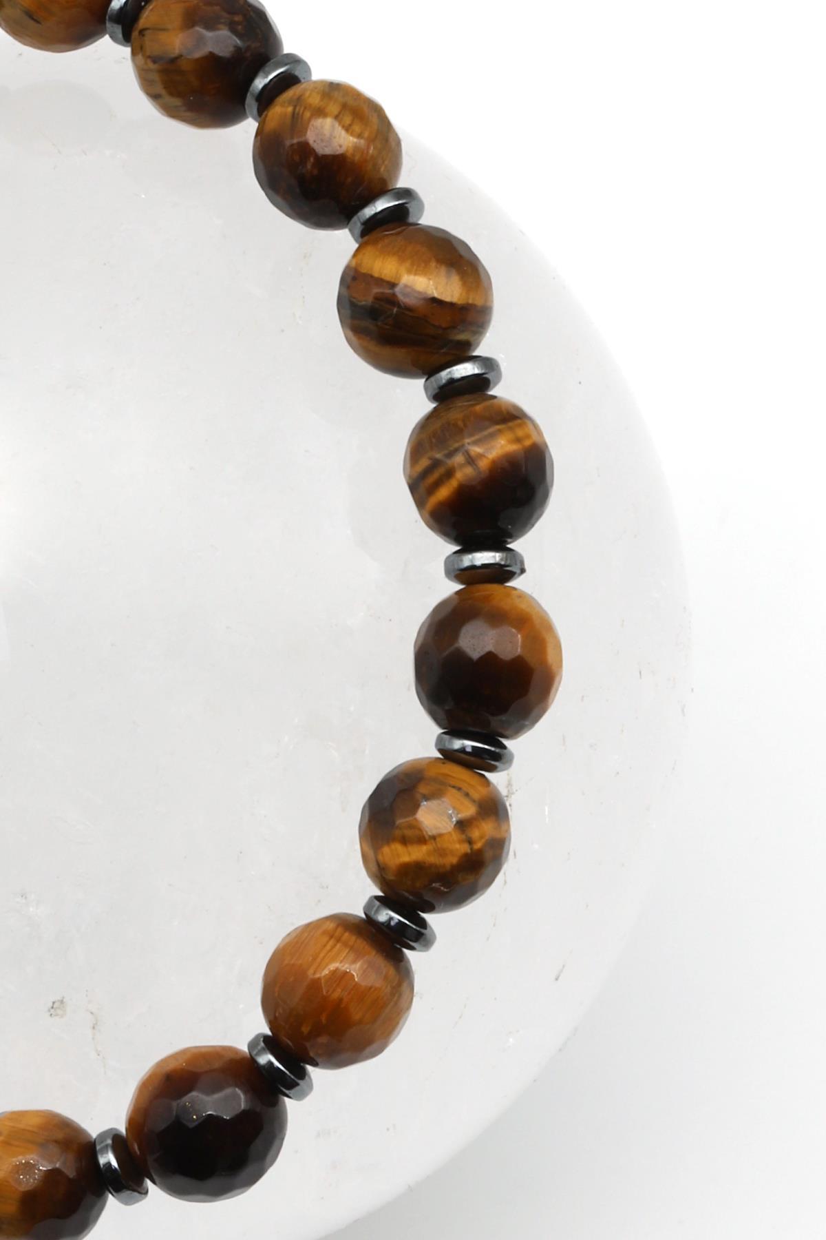 Kaplan Gözü Doğal Taş Makrome Örme Bileklik Faset Kesim