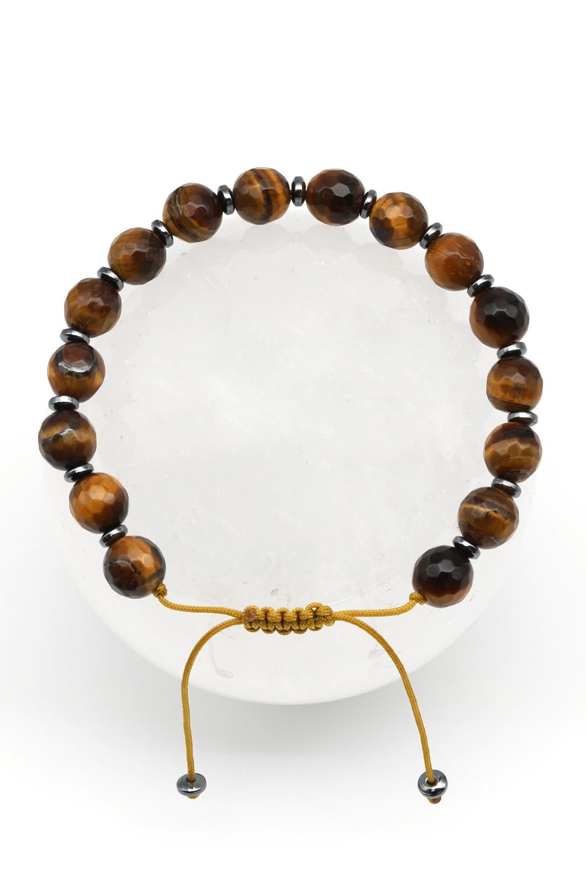 Kaplan Gözü Doğal Taş Makrome Örme Bileklik Faset Kesim