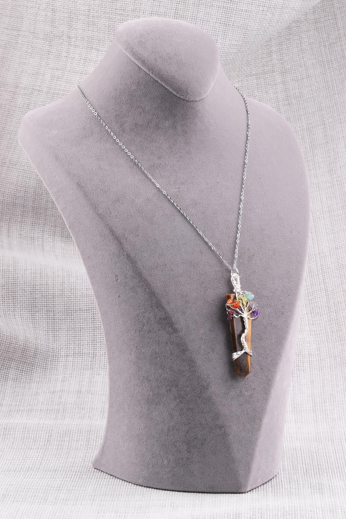 Kaplan Gözü Doğal Taş Tel Sarmalı Çakra Kolye