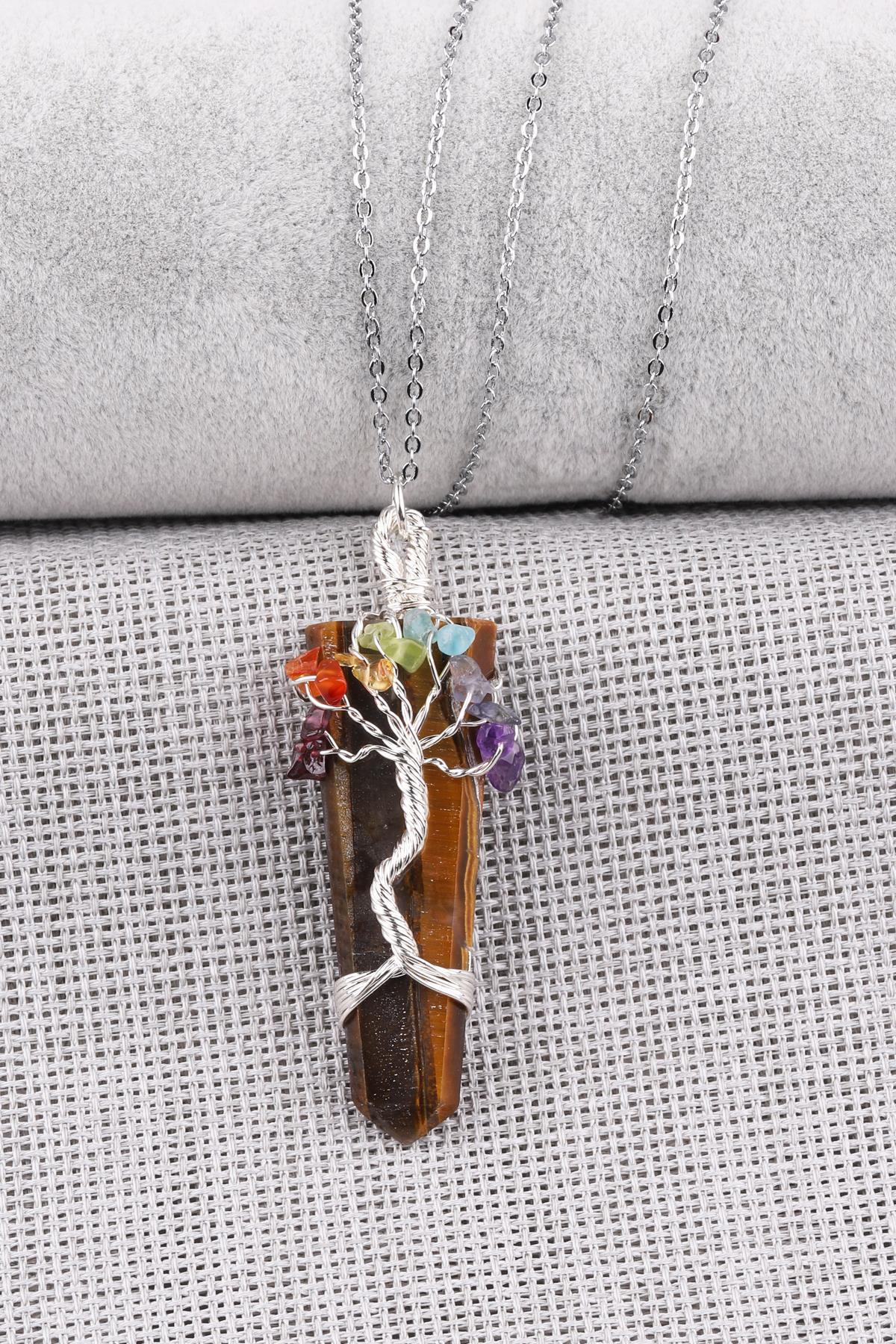 Kaplan Gözü Doğal Taş Tel Sarmalı Çakra Kolye