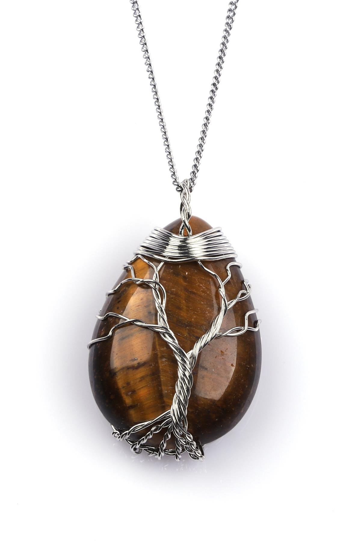 Kaplan Gözü Doğal Taş Tel Sarmalı Kolye