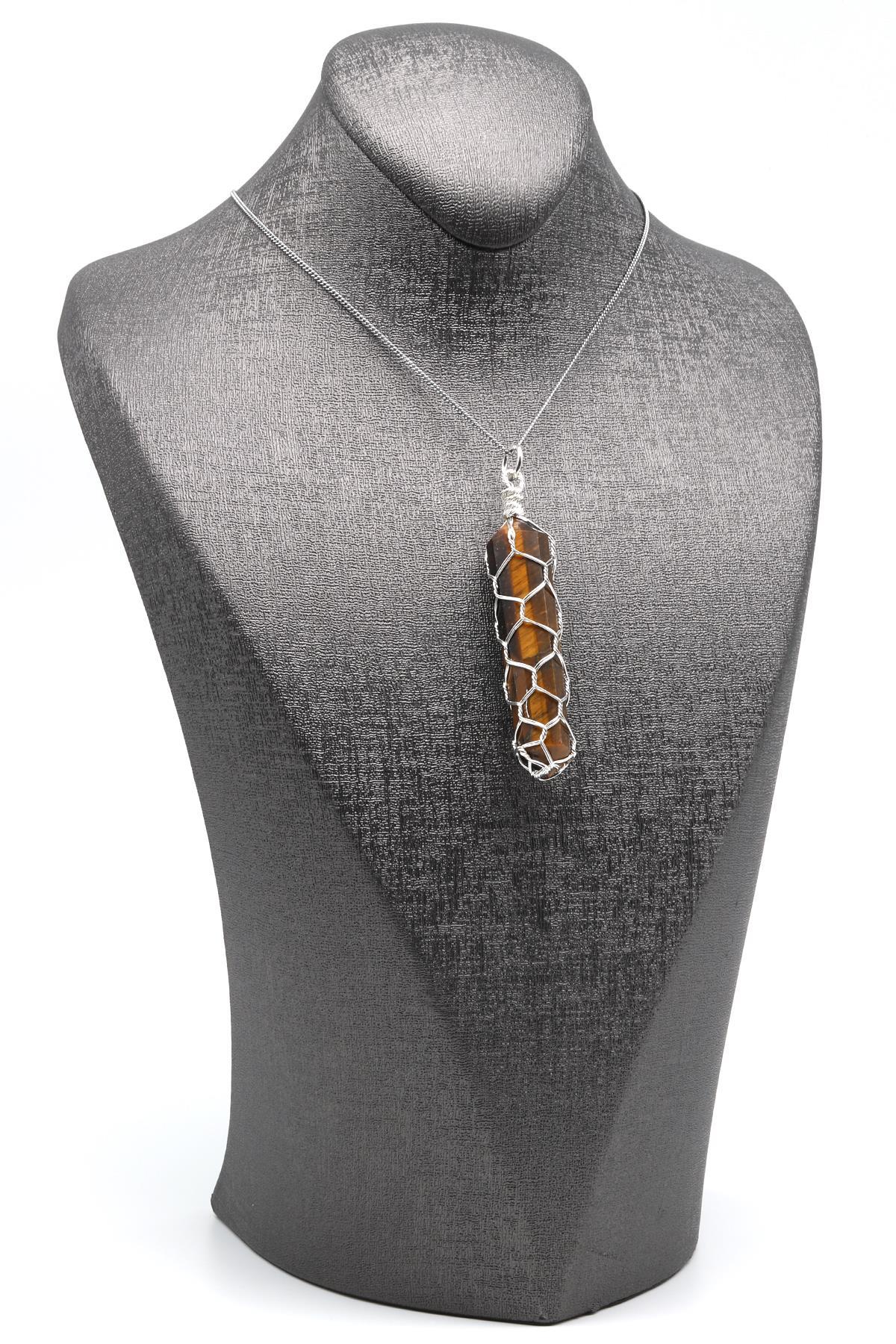 Kaplan Gözü Doğal Taş Tel Sarmalı Kolye