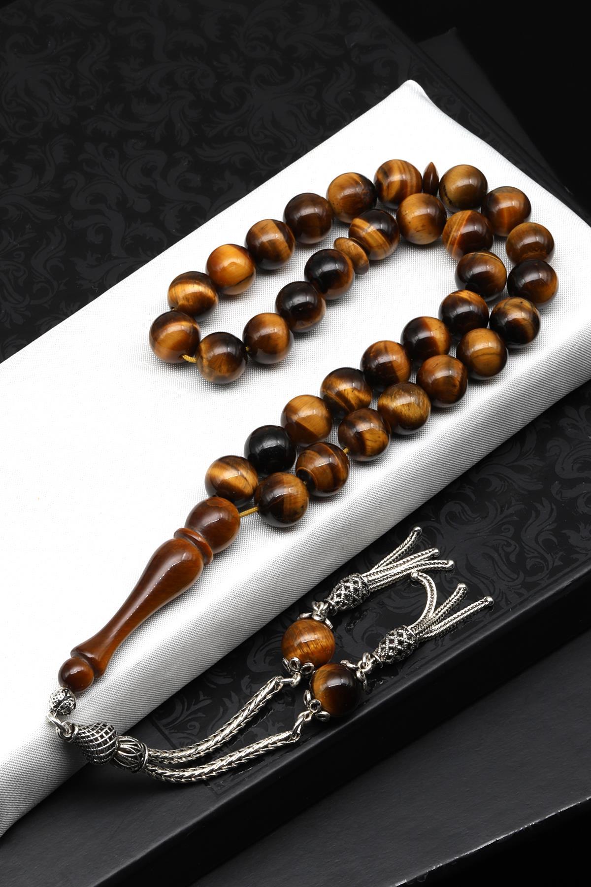 Kaplan Gözü Doğal Taş Tesbih 10 mm Gümüş Püsküllü Küre Kesim