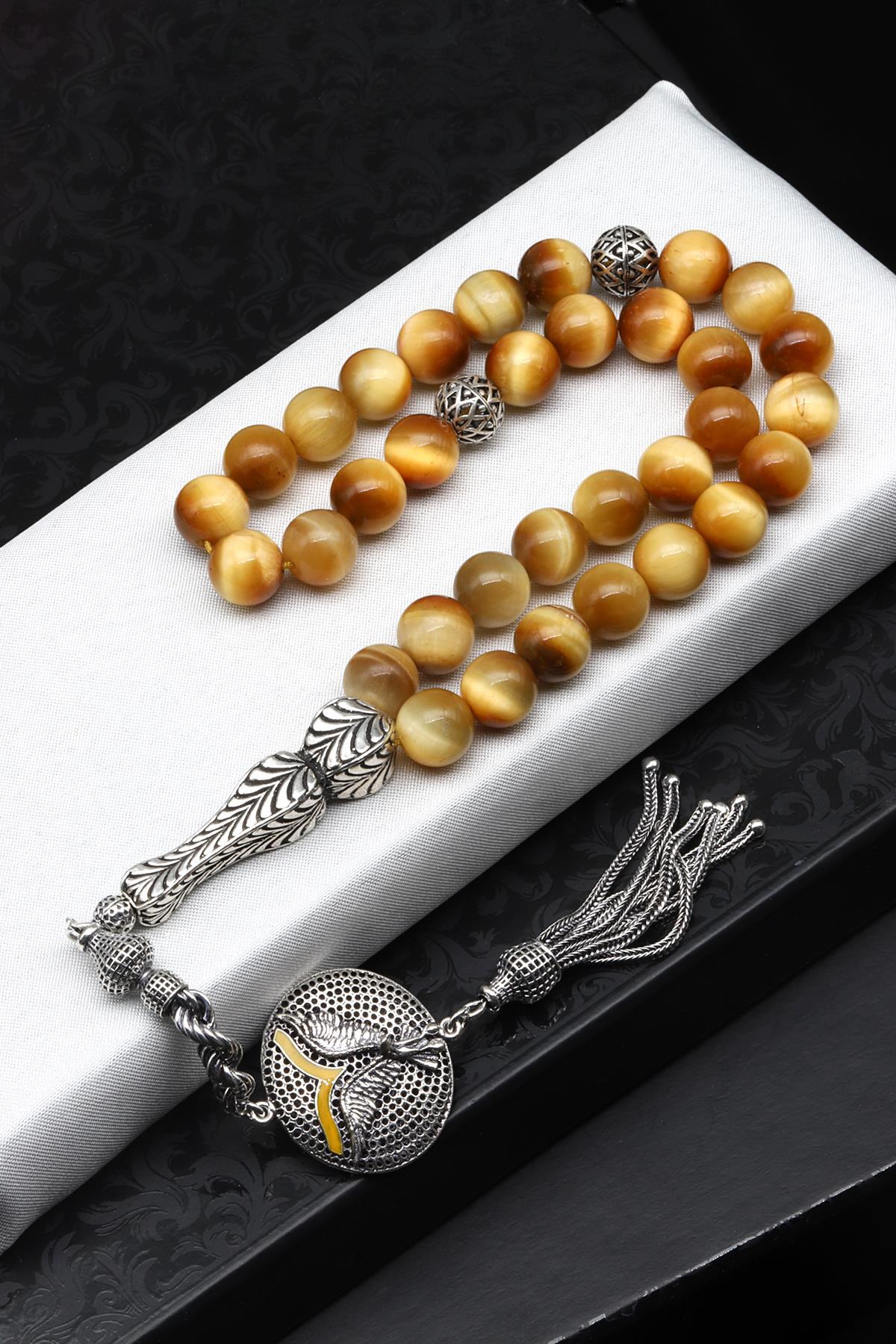 Kaplan Gözü Doğal Taş Tesbih 925 Ayar Gümüş 10 mm Küre Kesim