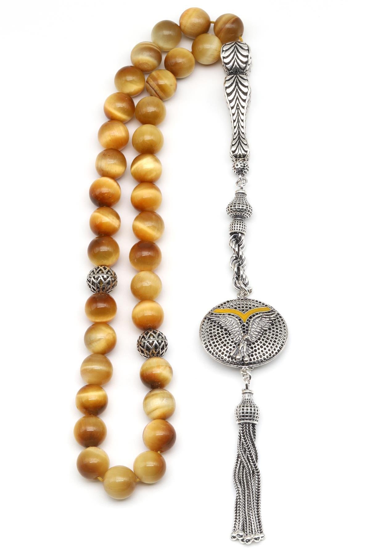 Kaplan Gözü Doğal Taş Tesbih 925 Ayar Gümüş 10 mm Küre Kesim