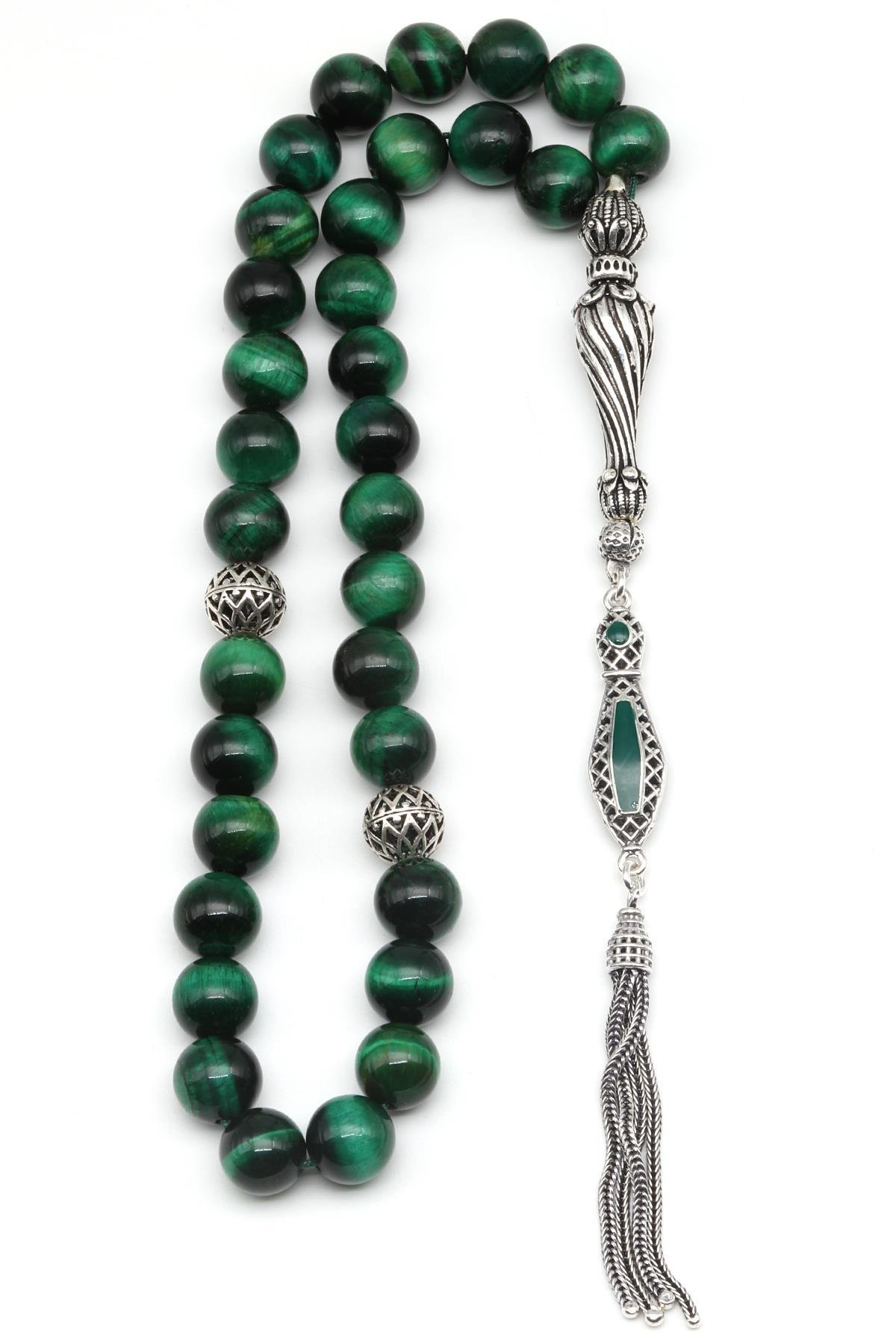 Kaplan Gözü Doğal Taş Tesbih 925 Ayar Gümüş 8 mm Küre Kesim