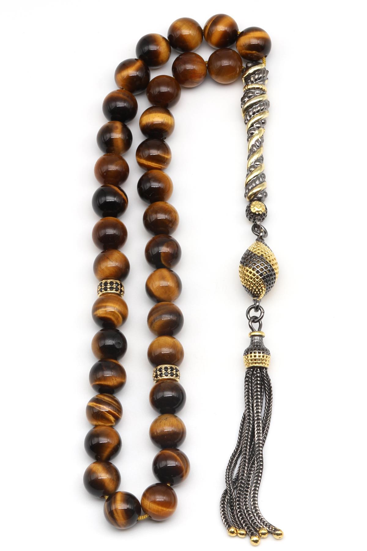 Kaplan Gözü Doğal Taş Tesbih 925 Ayar Gümüş 8 mm Küre Kesim