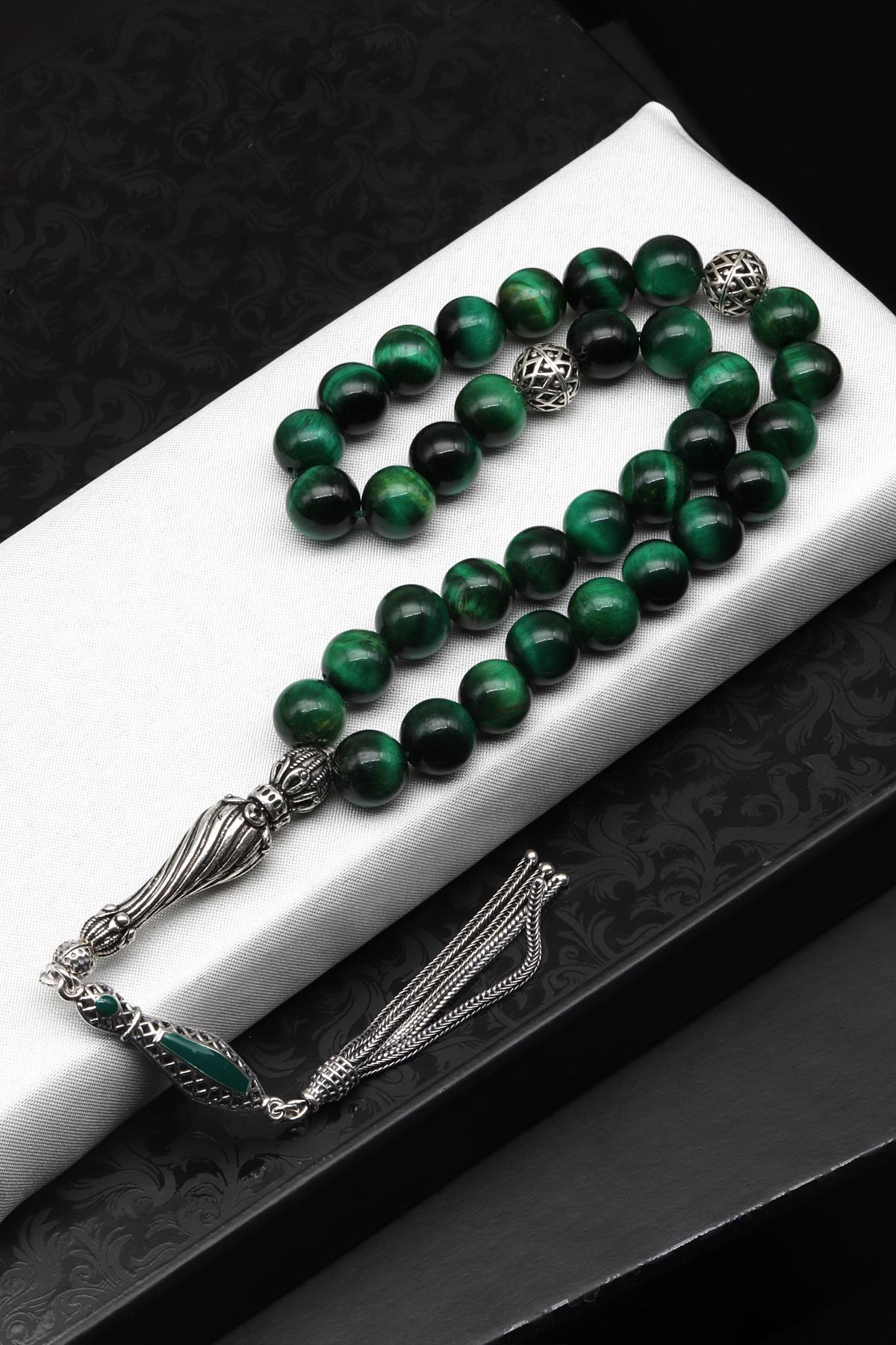 Kaplan Gözü Doğal Taş Tesbih 925 Ayar Gümüş 8 mm Küre Kesim