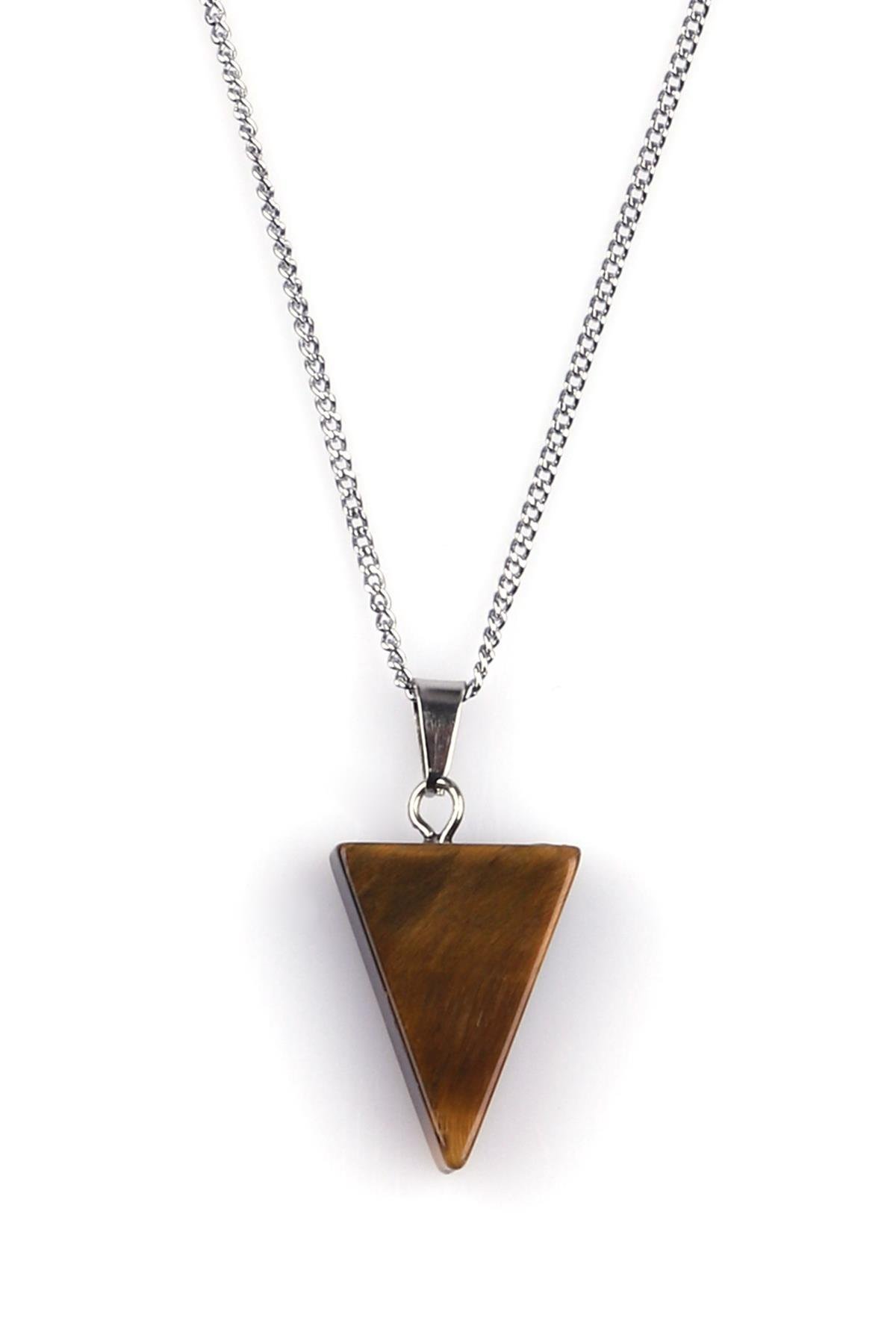 Kaplan Gözü Doğal Taş Üçgen Model Kolye