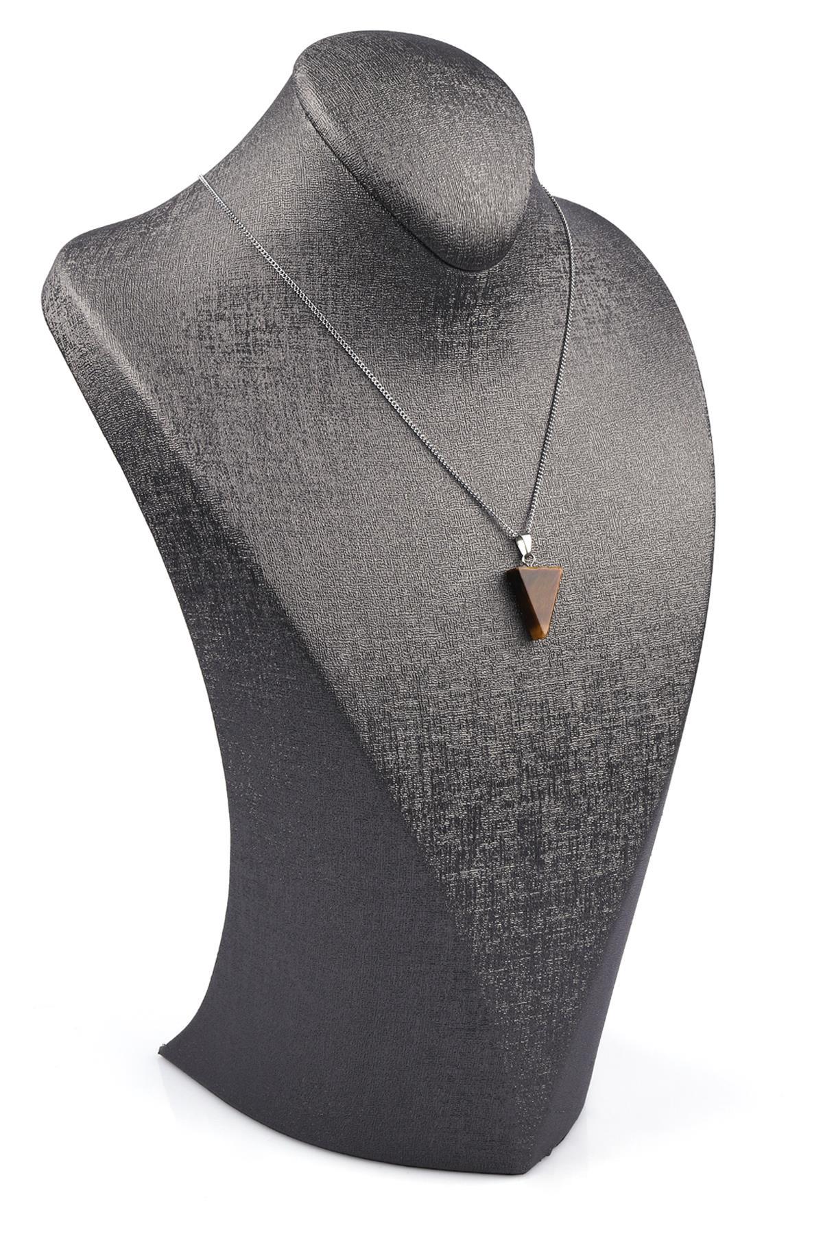 Kaplan Gözü Doğal Taş Üçgen Model Kolye