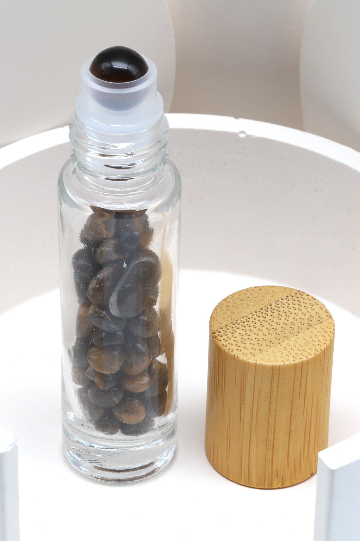 Kaplan Gözü Doğal Taşlı Bambu Kapaklı Doldurulabilir Esans ve Yağ Şişesi