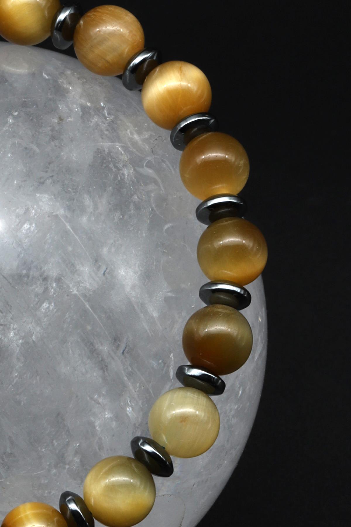 Kaplan Gözü - Hematit Doğal Taş Makrome Örme Bileklik