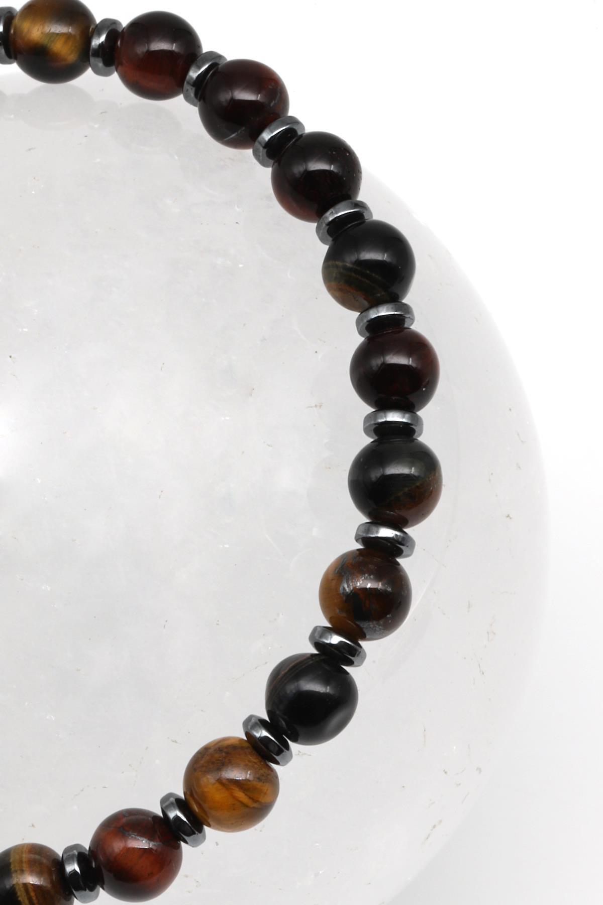 Kaplan Gözü - Hematit Doğal Taş Makrome Örme Bileklik Küre Kesim