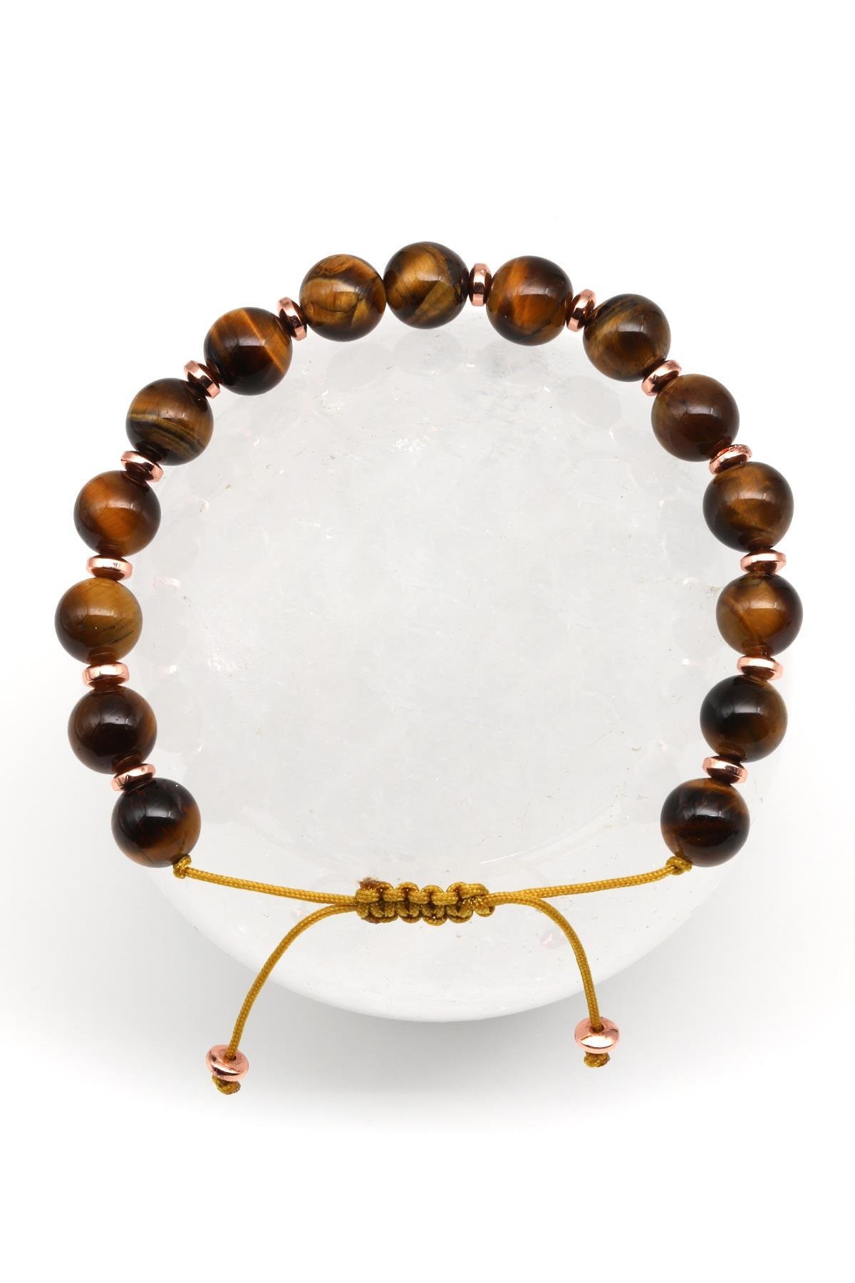 Kaplan Gözü - Hematit Doğal Taş Makrome Örme Bileklik Küre Kesim