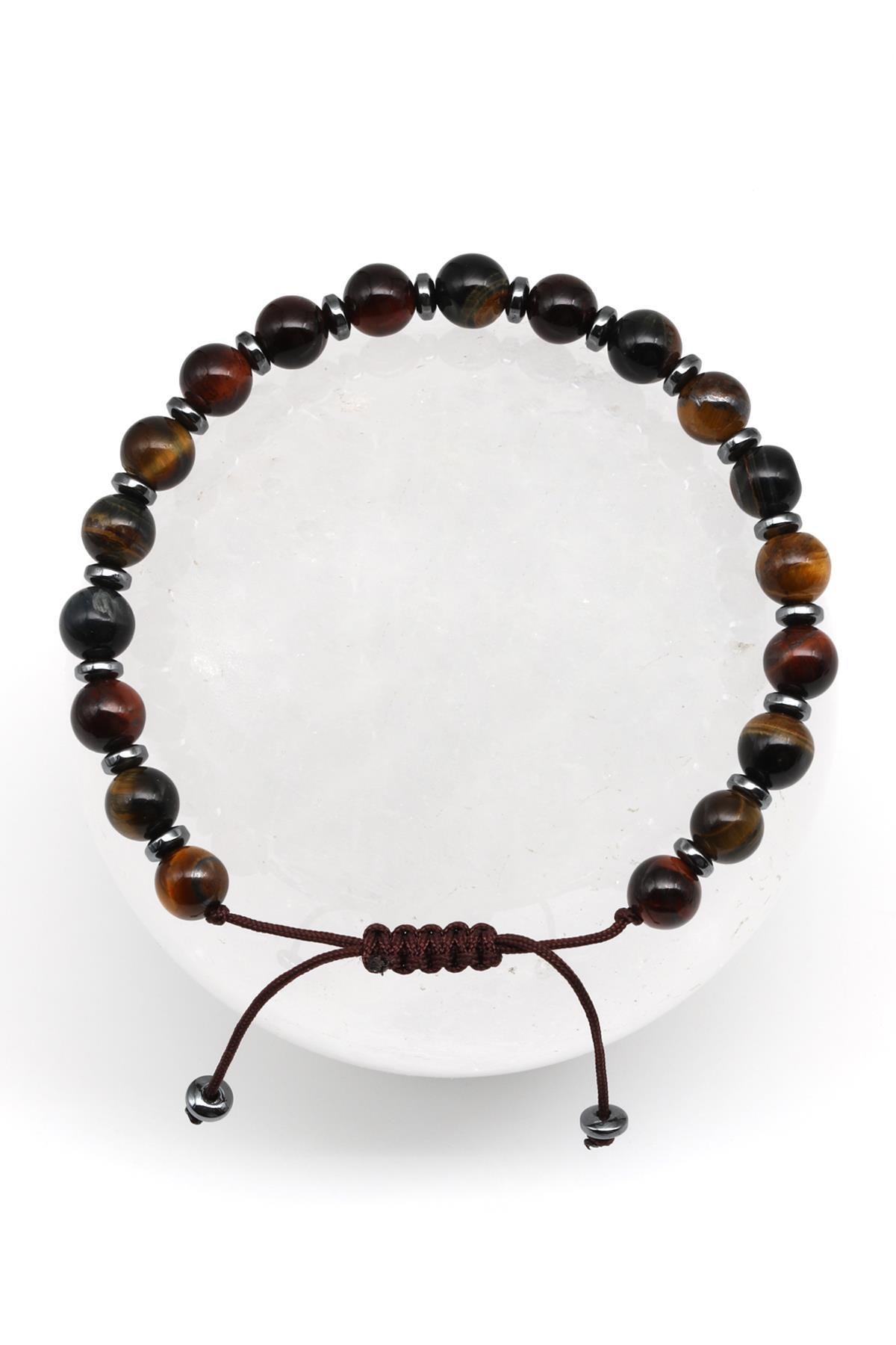 Kaplan Gözü - Hematit Doğal Taş Makrome Örme Bileklik Küre Kesim