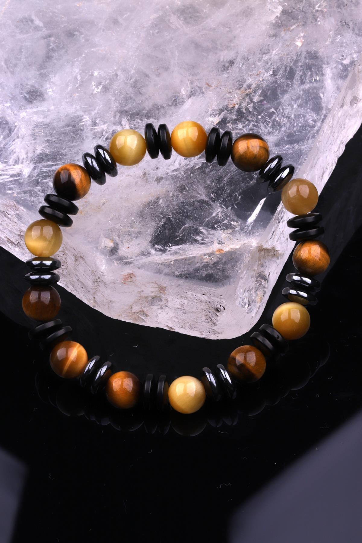 Kaplan Gözü - Hematit - Kokonat Doğal Taş Tasarım Bileklik 