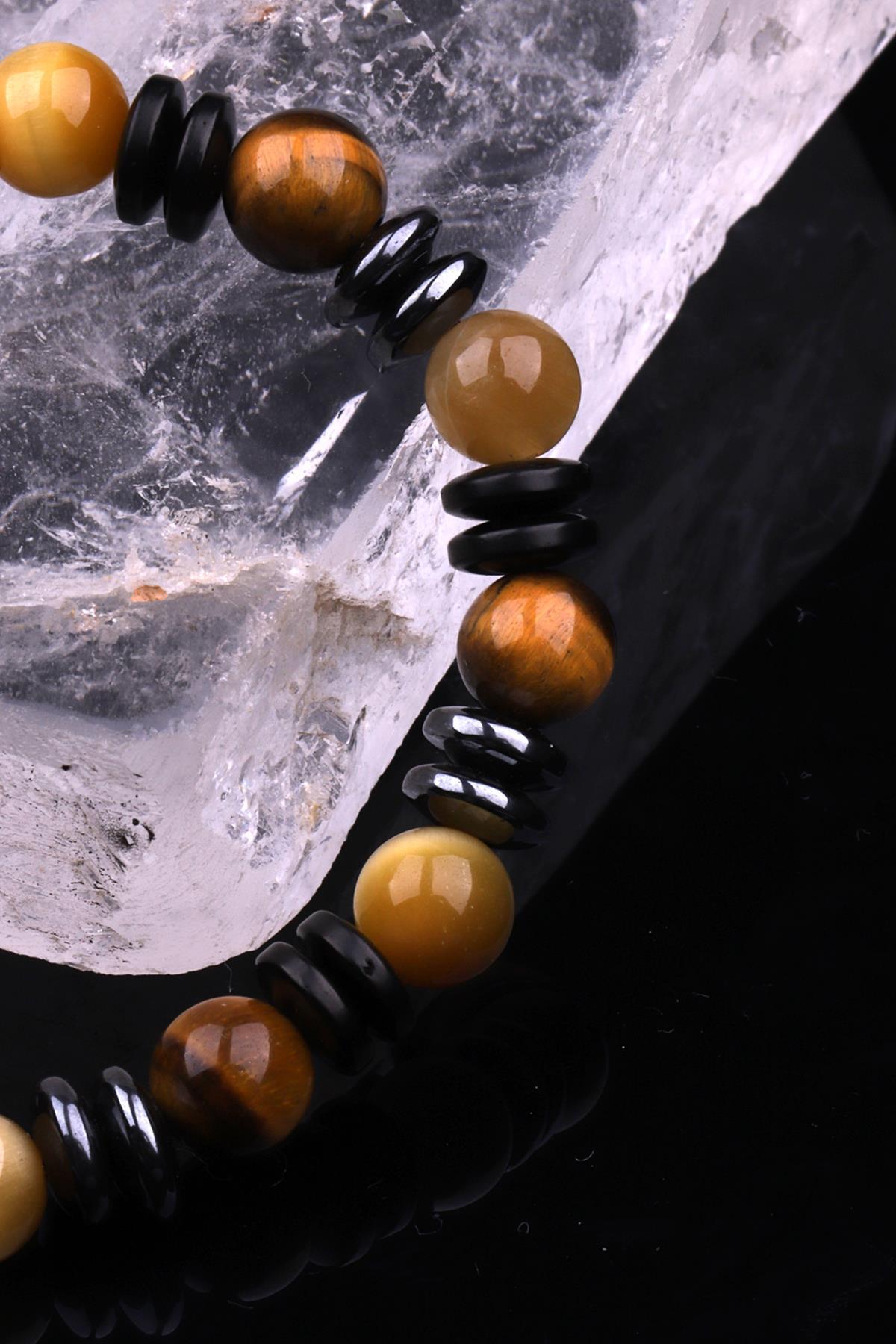 Kaplan Gözü - Hematit - Kokonat Doğal Taş Tasarım Bileklik 