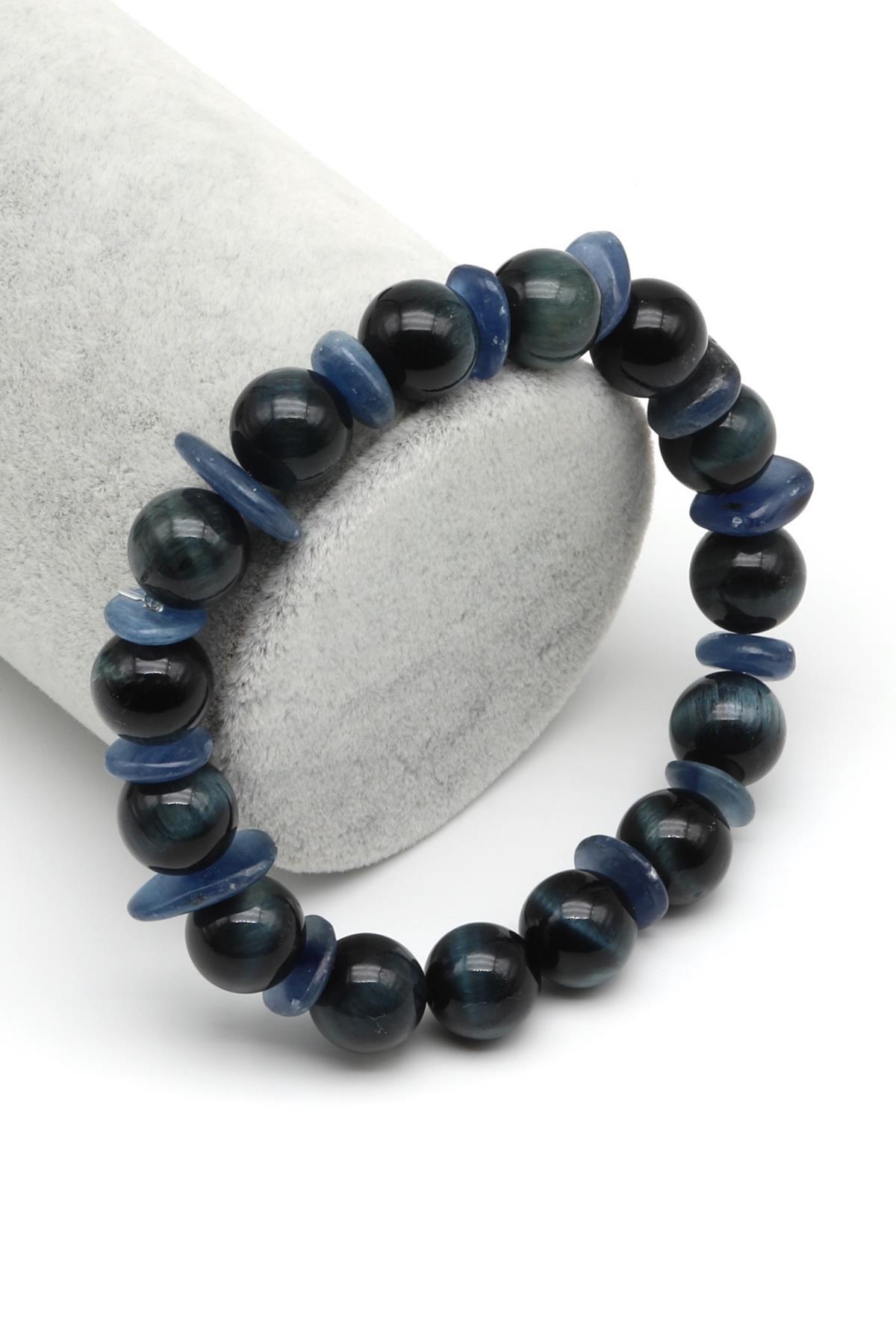 Kaplan Gözü-Kyanit Doğal Taş Tasarım Bileklik 10 mm Küre Kesim