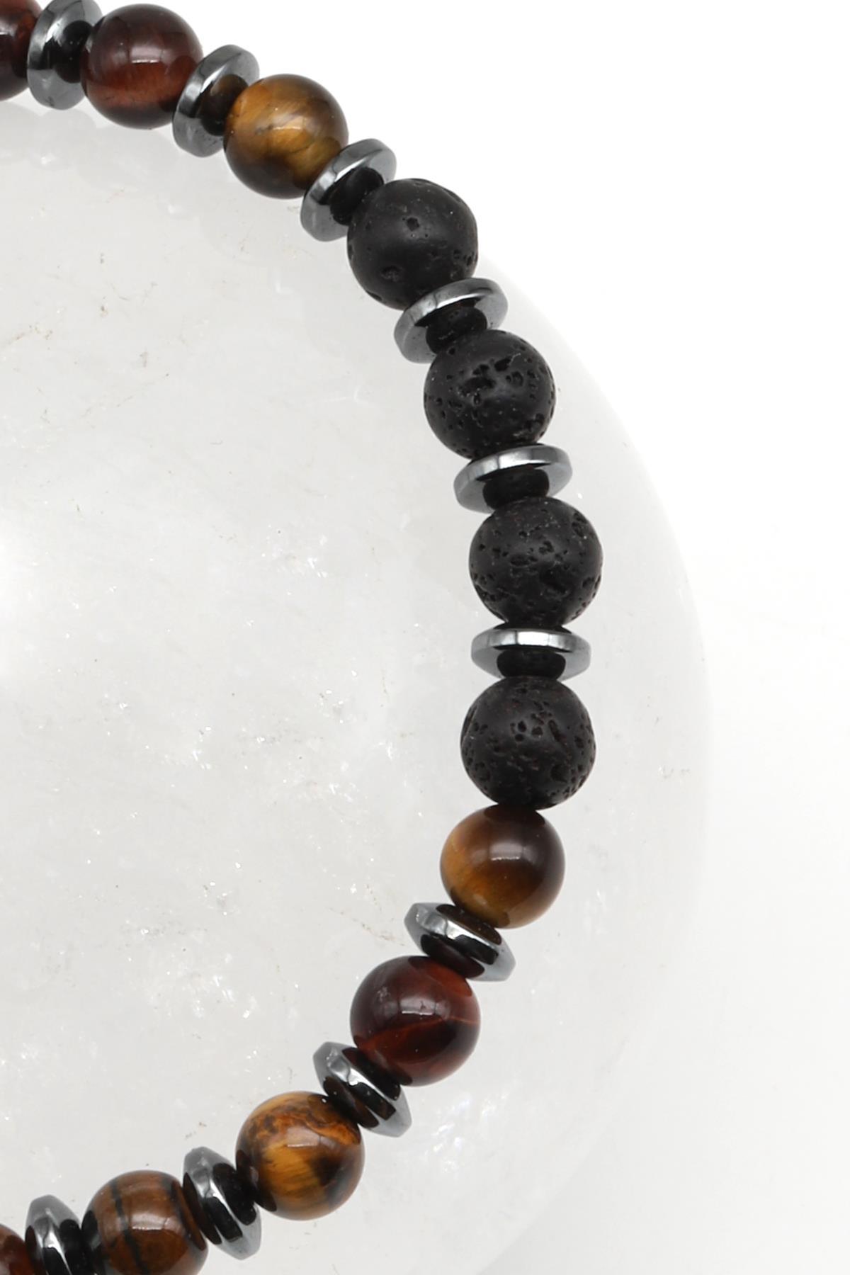 Kaplan Gözü-Lav Doğal Taş Makrome Örme Bileklik Küre Kesim