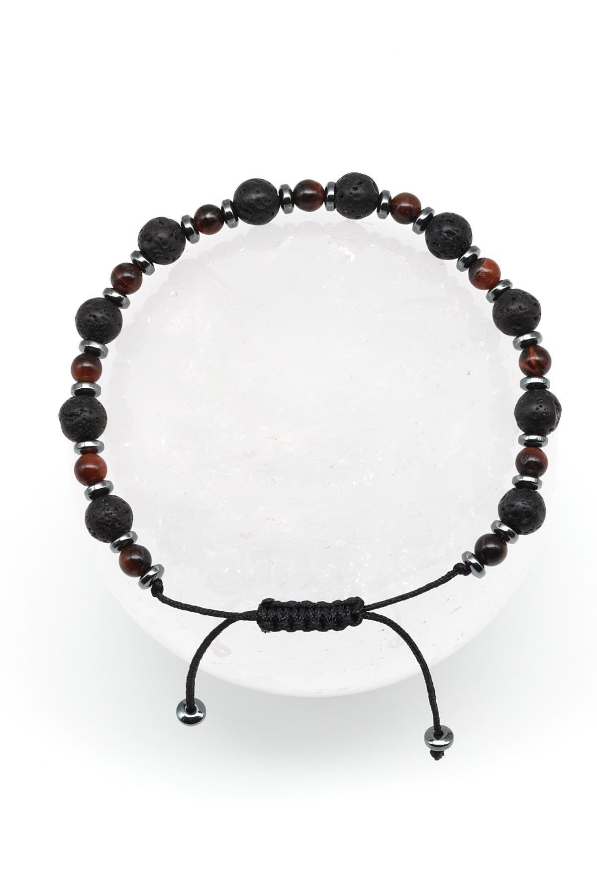 Kaplan Gözü - Lav Doğal Taş Makrome Örme Bileklik