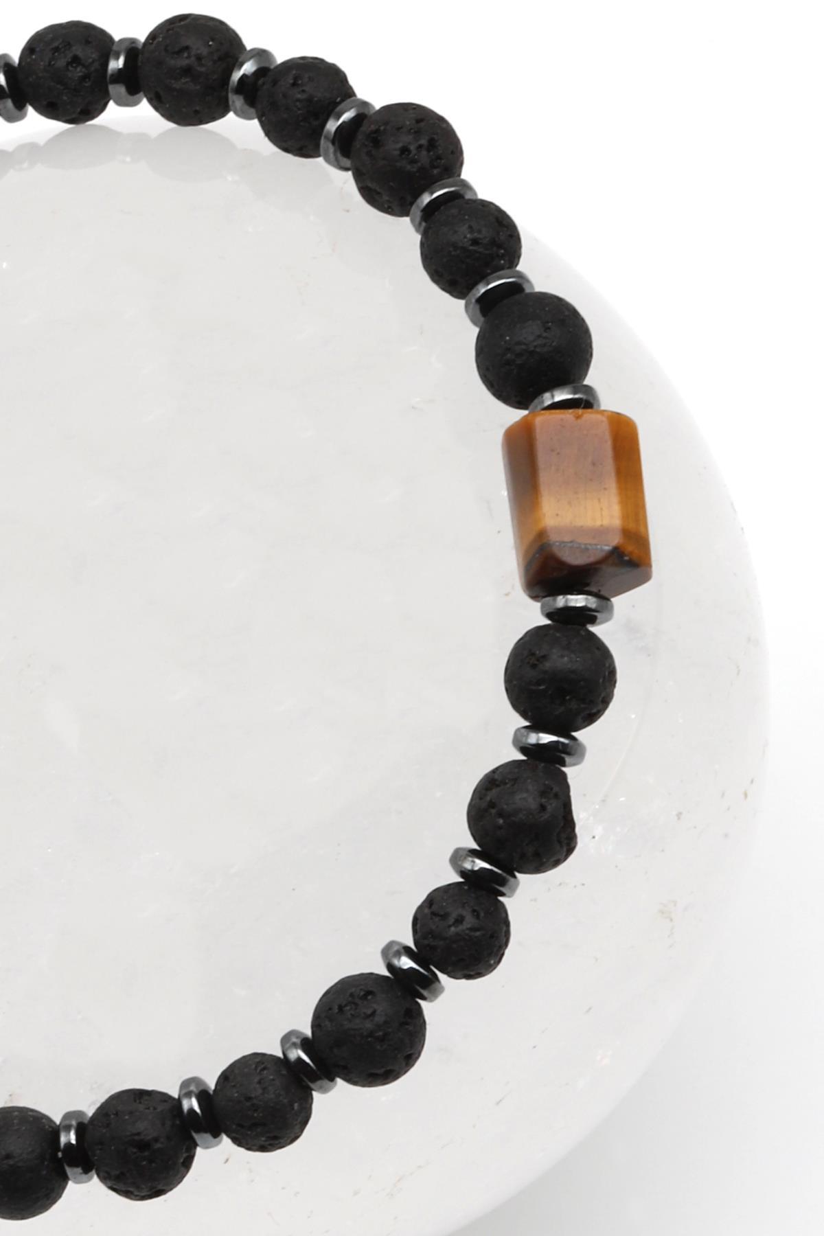 Kaplan Gözü-Lav Doğal Taş Makrome Örme Bileklik Küre Kesim